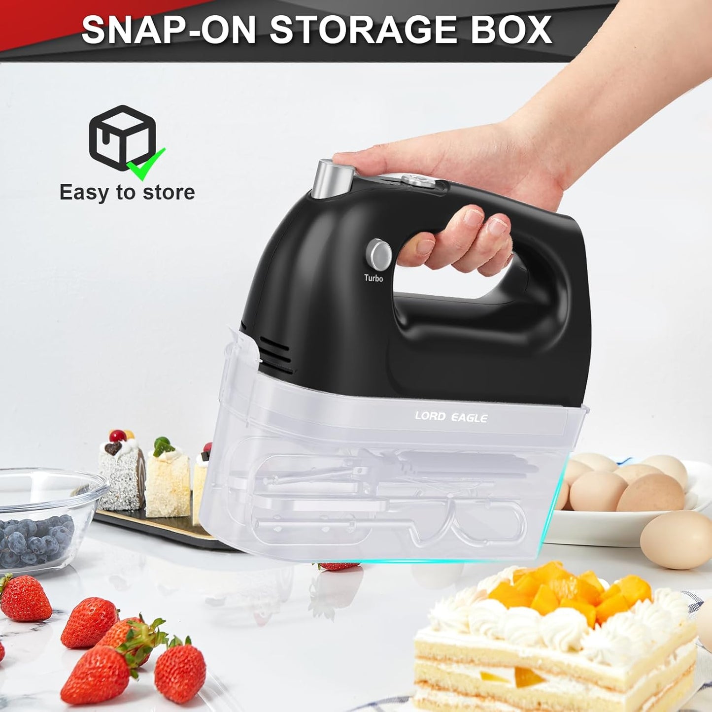 Lord Eagle Hand Mixer Electric 400W, 5 Speed handheld Mixer, 5 Stainless Steel Accessories for Baking Cake Egg Cream Food Beater, Turbo Boost/Self-Control Speed + Eject Button