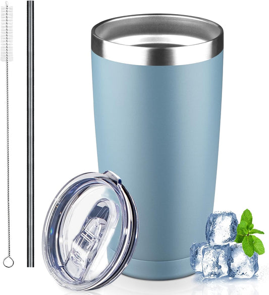 20 oz Tumbler with Lids and Straws, Stainless Steel Insulated Coffee Tumbler, Double Wall Vacuum Insulated Travel Mug Cup, Leakproof Thermal Coffee Cup for Hot and Cold Drinks (azure blue)