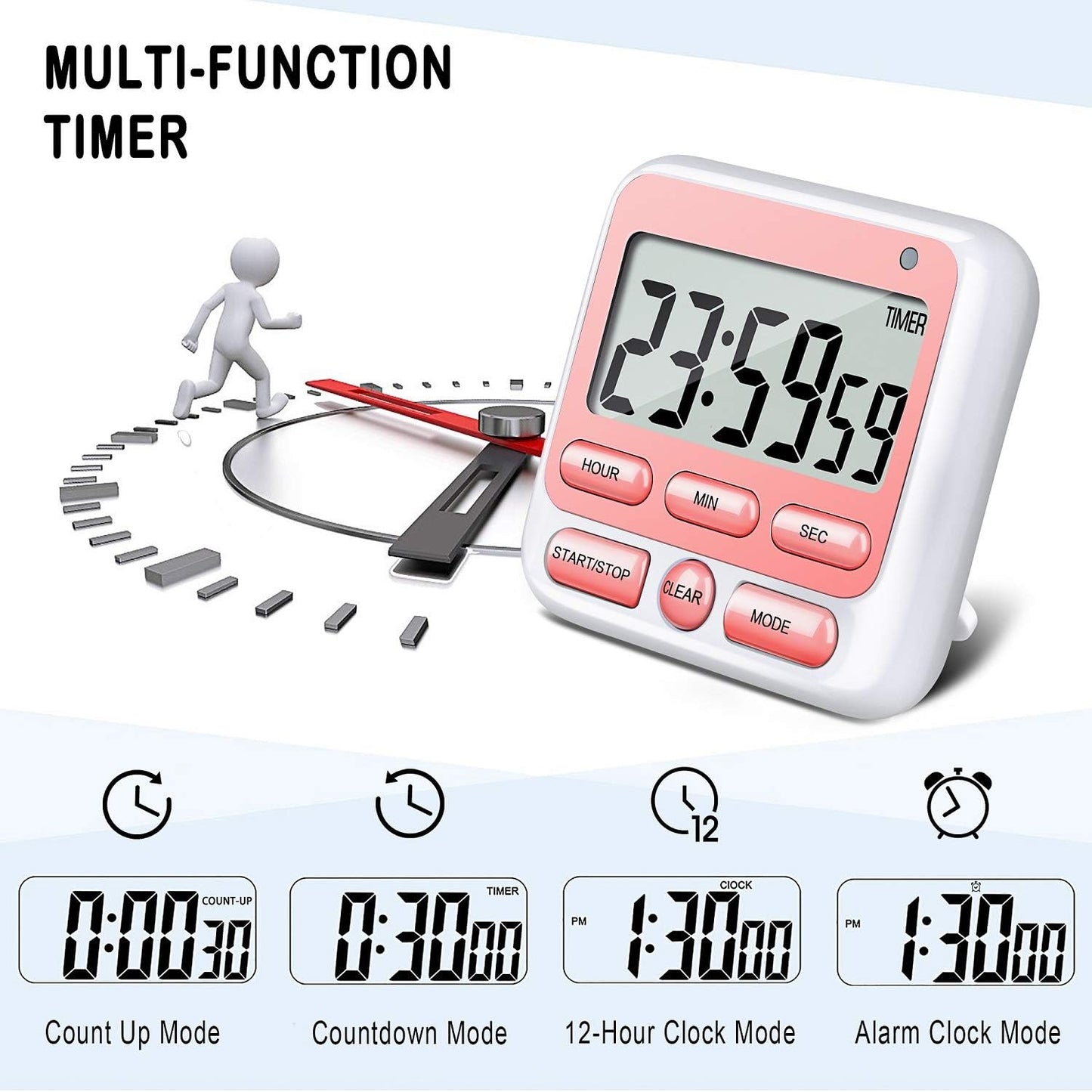 KTKUDY Digital Kitchen Timer with Mute/Loud Alarm Switch ON/Off Switch, 24 Hour Clock & Alarm, Memory Function Count Up & Count Down for Kids Teachers Cooking, Large LCD Display, Strong Magnet (Pink)