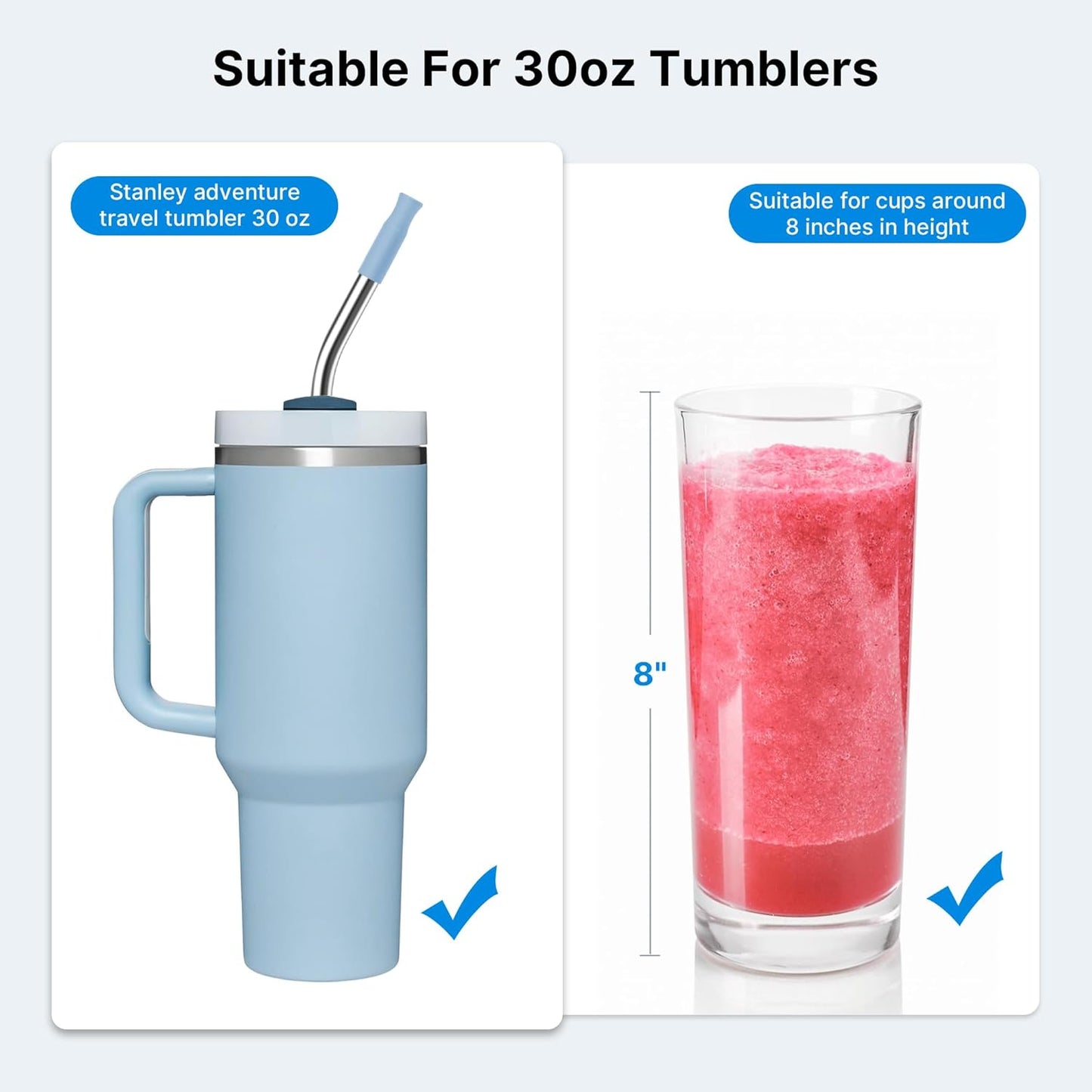 2 Pcs Stainless Steel Straw with Silicone Tips for 40 oz Stanley Tumbler, Repeatable 40 oz Metal Straws for Stanley Adventure Quencher Travel Tumbler Cup, BPA Free（Light Blue）
