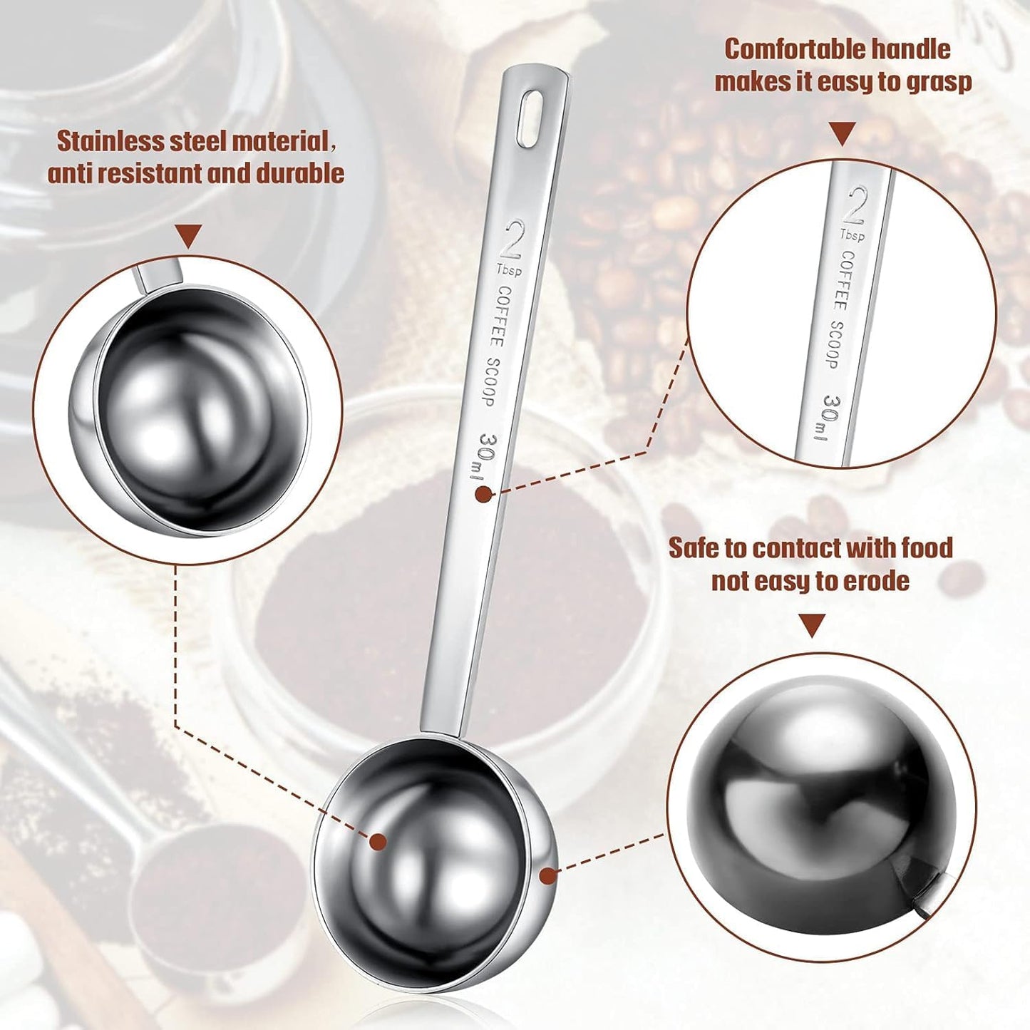 Geiserailie 8 Pieces 2 Tablespoon Scoops with Long Handle, 30 ml Stainless Steel Measuring Spoon for Coffee Milk Fruit Powder, Loose Tea Dry, Spice Jar, Cooking Baking, and Other Dry Goods