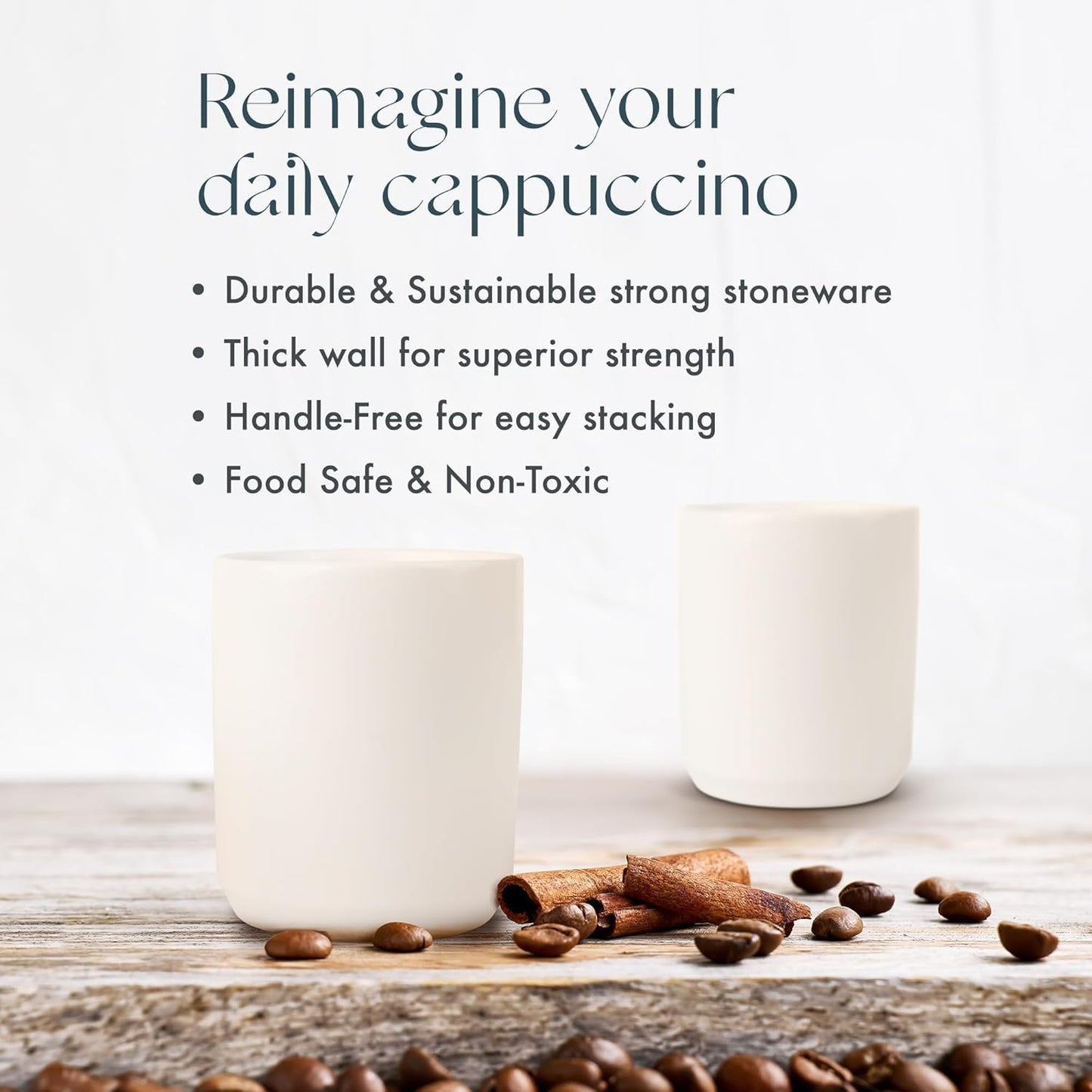 Folk Ceramics Dylan Ceramic Cappuccino Cups Set | Double Walled Ceramic Coffee Mug Set | Compact & Heat Insulated Cappuccino, Tea, Coffee & Latte Cup | 8oz, Set of 2 | Fog Grey