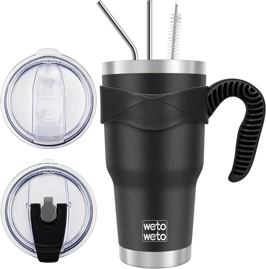 WETOWETO 30oz Insulated Tumbler With 2 Lids and 2 Straws, Stainless Steel Double Vacuum Coffee Tumbler Cup with Handle, Powder Coated Travel Mug for Home, Office, Travel, Party (Black, 1 Pack)