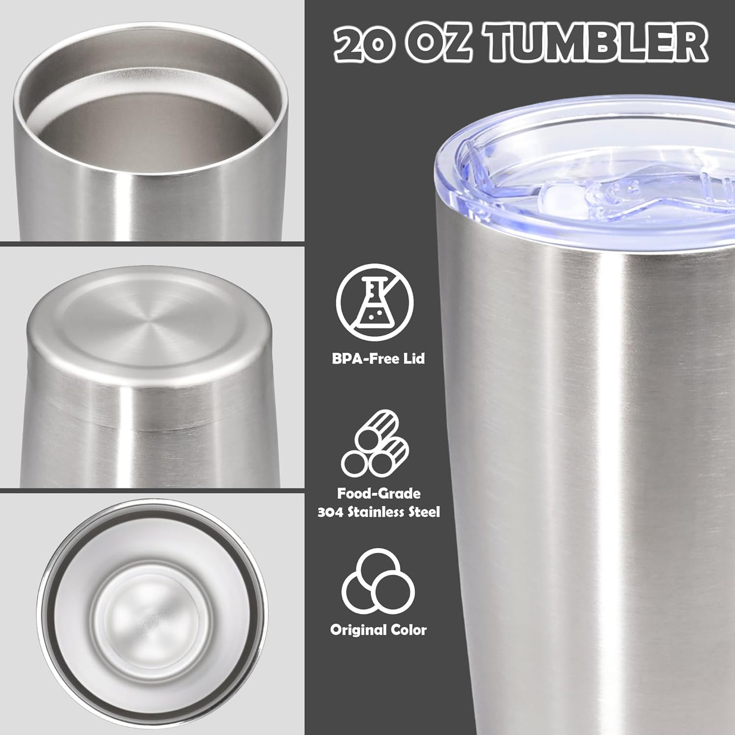 20oz Tumbler Bulk Stainless Steel Tumbler Cup with Lid Vacuum Insulated Double Wall Travel Mug, Durable Powder Coated Travel Coffee Tumbler Mug for Hot & Cold Drinks, Stainless Steel,12 Pack