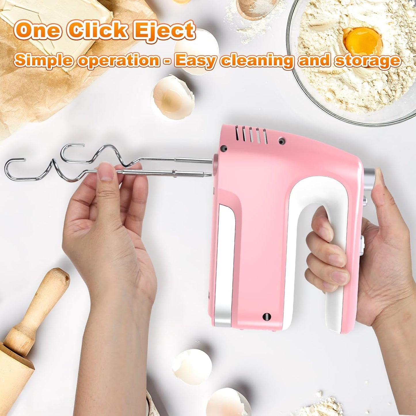 Hand Mixer Electric, 5-Speed Powerful 400W Motor, Hand Mixer Electric Handheld, Handheld Mixer with Turbo Boost & Storage Case, 2x Flat Beaters, 2x Dough Hooks, 1x Whisk for Baking (Pink)