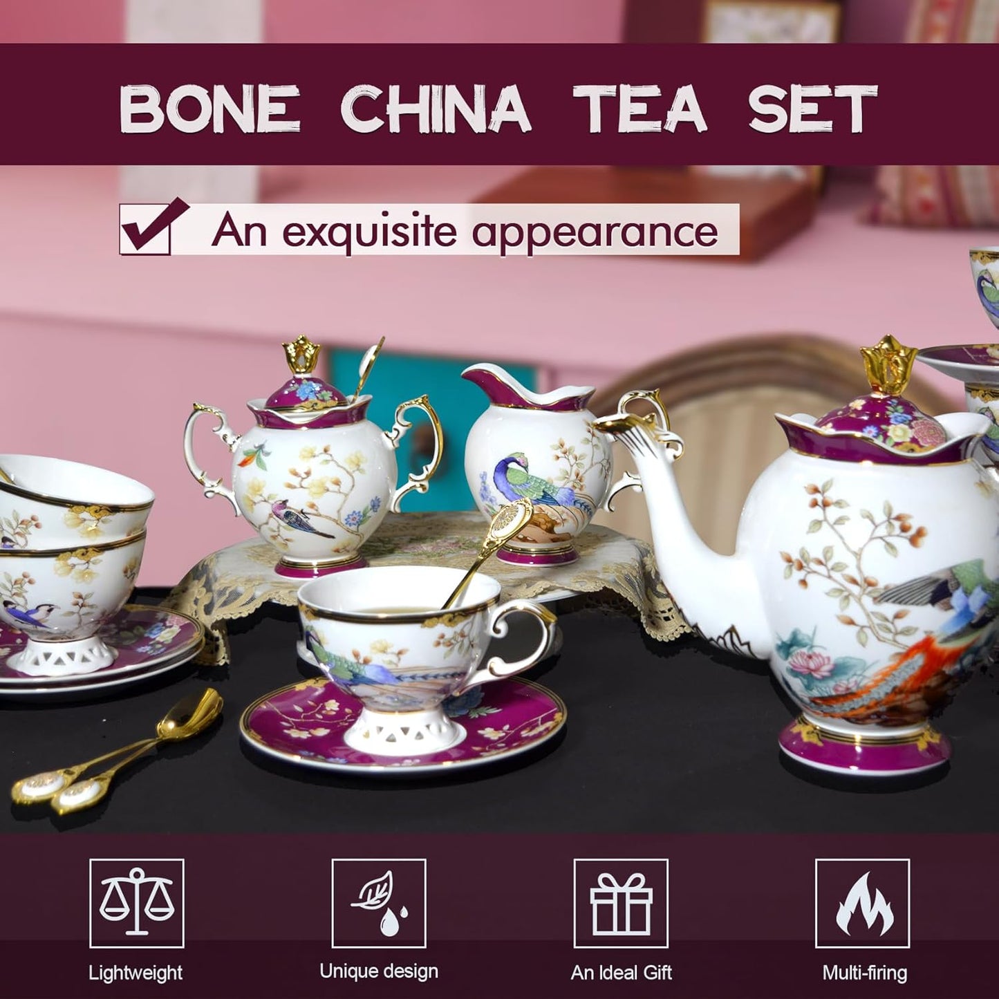 ACMLIFE Fine Bone China Tea Set for Adults with Teapot, Porcelain Tea Sets 21-Piece Vintage Floral English Tea Set for 6, China Tea Sets 24K Gold Bone China Tea Pot and Cups Set Gifts for Women