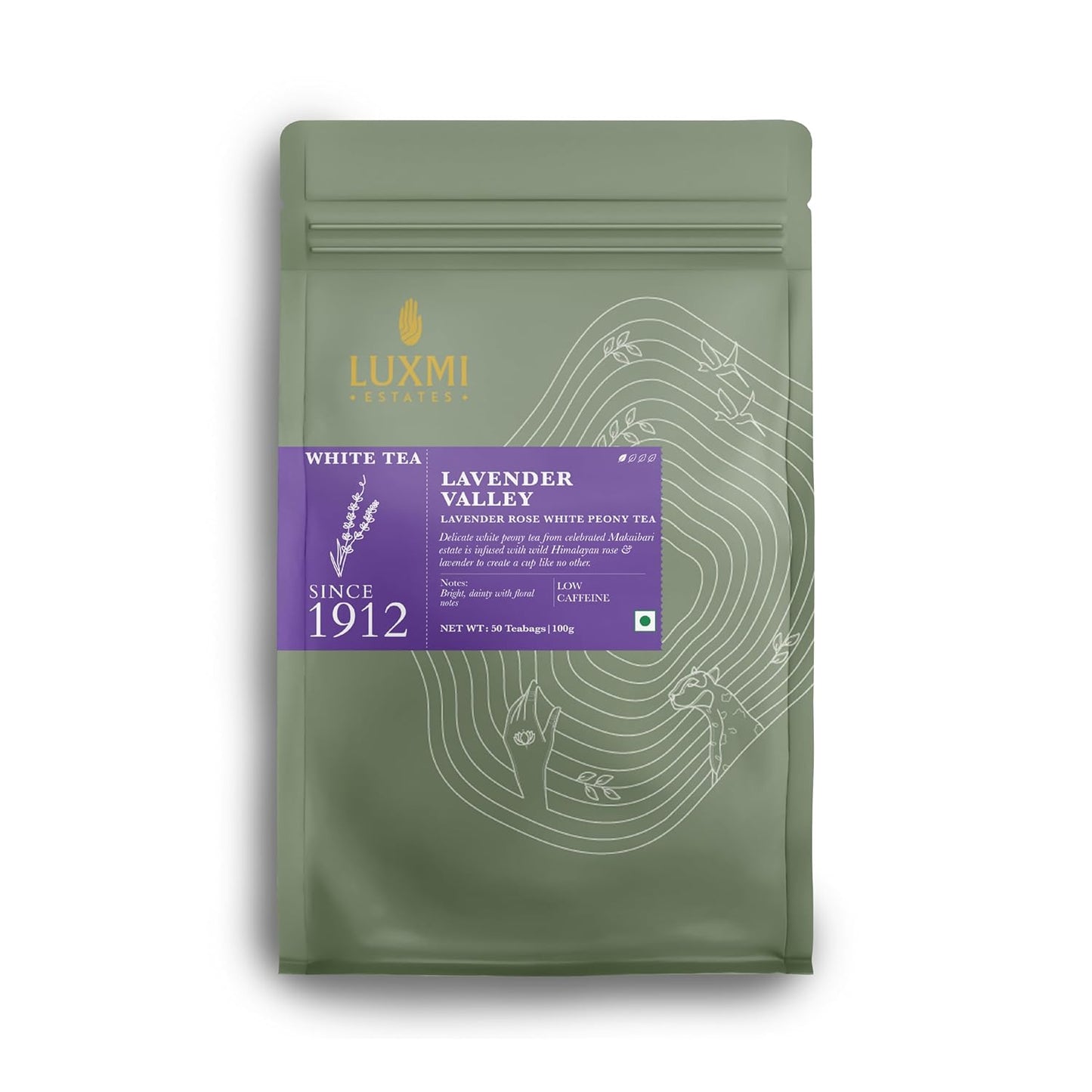 Luxmi Estates Lavender Valley Organic Lavender Tea (50 Tea Bags) Low Caffeine Tea Bags For Sleep, Relaxing, Calming, and Stress Relief, With Certified Organic Darjeeling Makaibari White Tea