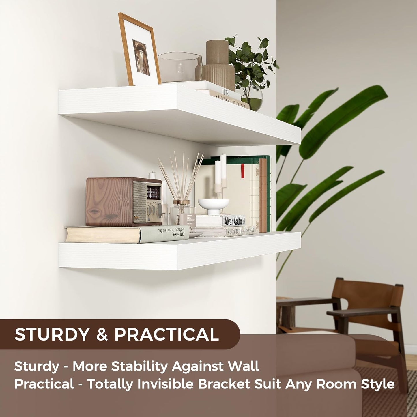 Floating Shelves for Wall, 2 Large Wall Mounted Shelves with Invisible Brackets, Long Wood Floating Wall Shelf Shelves for Living Room, Bedroom, Kitchen, (White, 48" W x 9" D x 1.5" H)