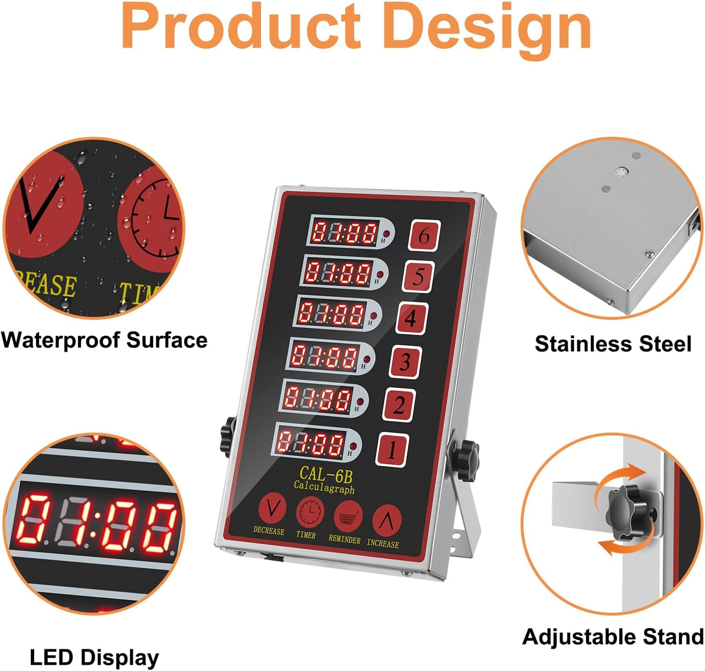 Kitchen Timers for Cooking – 6 Channel Commercial Kitchen Timer Restaurant Kitchen Supplies – Stainless Steel LED Technology Kitchen Timer Digital – Reminder Function, Loud Alarm