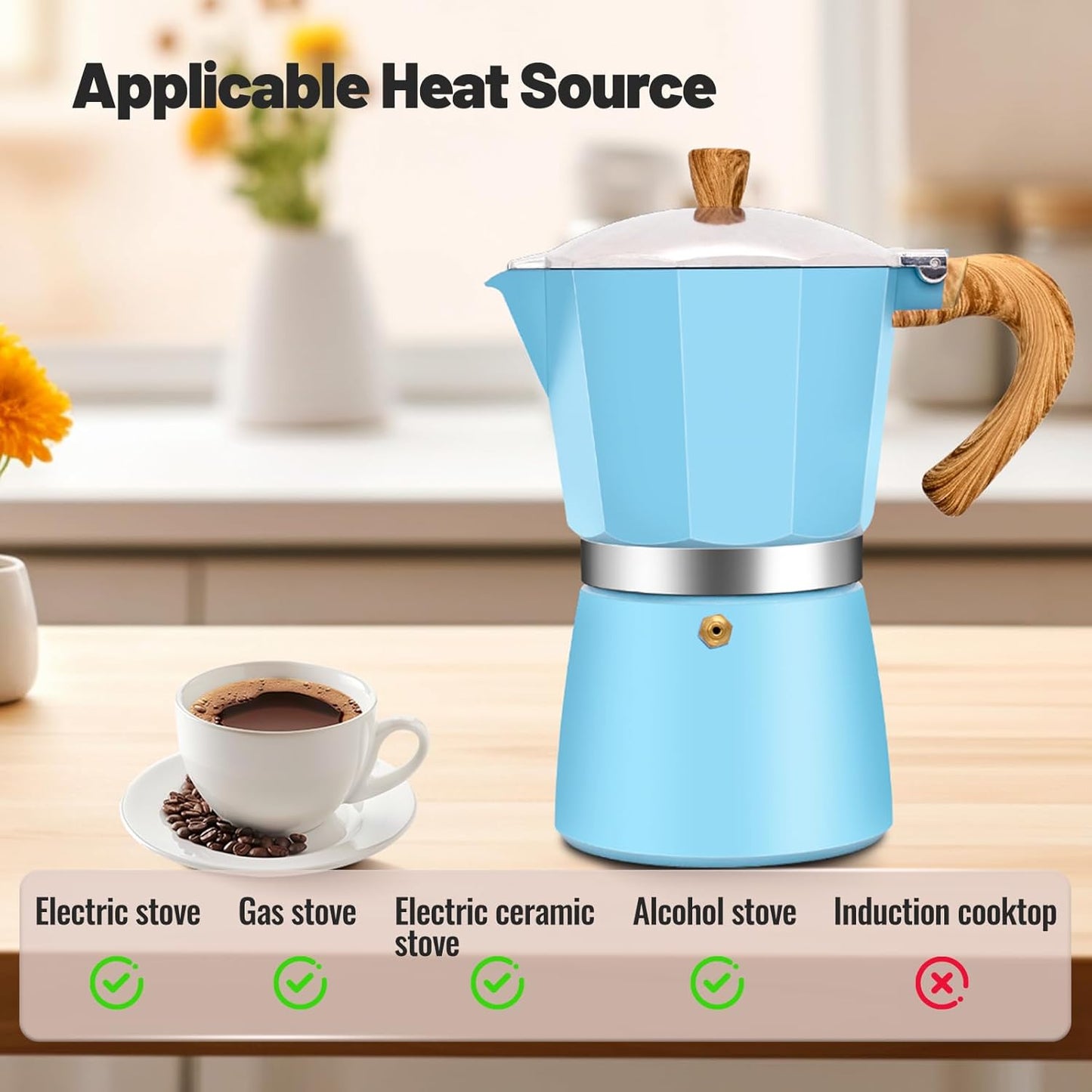 12 Cup Aluminum Moka Pot Classic Stovetop Espresso Coffee Maker 600ml 20oz Coffeemaker Percolator Mocha Pot Greca Coffee Maker Cafe Makers for Italian and Cuban Café Brewing Blue