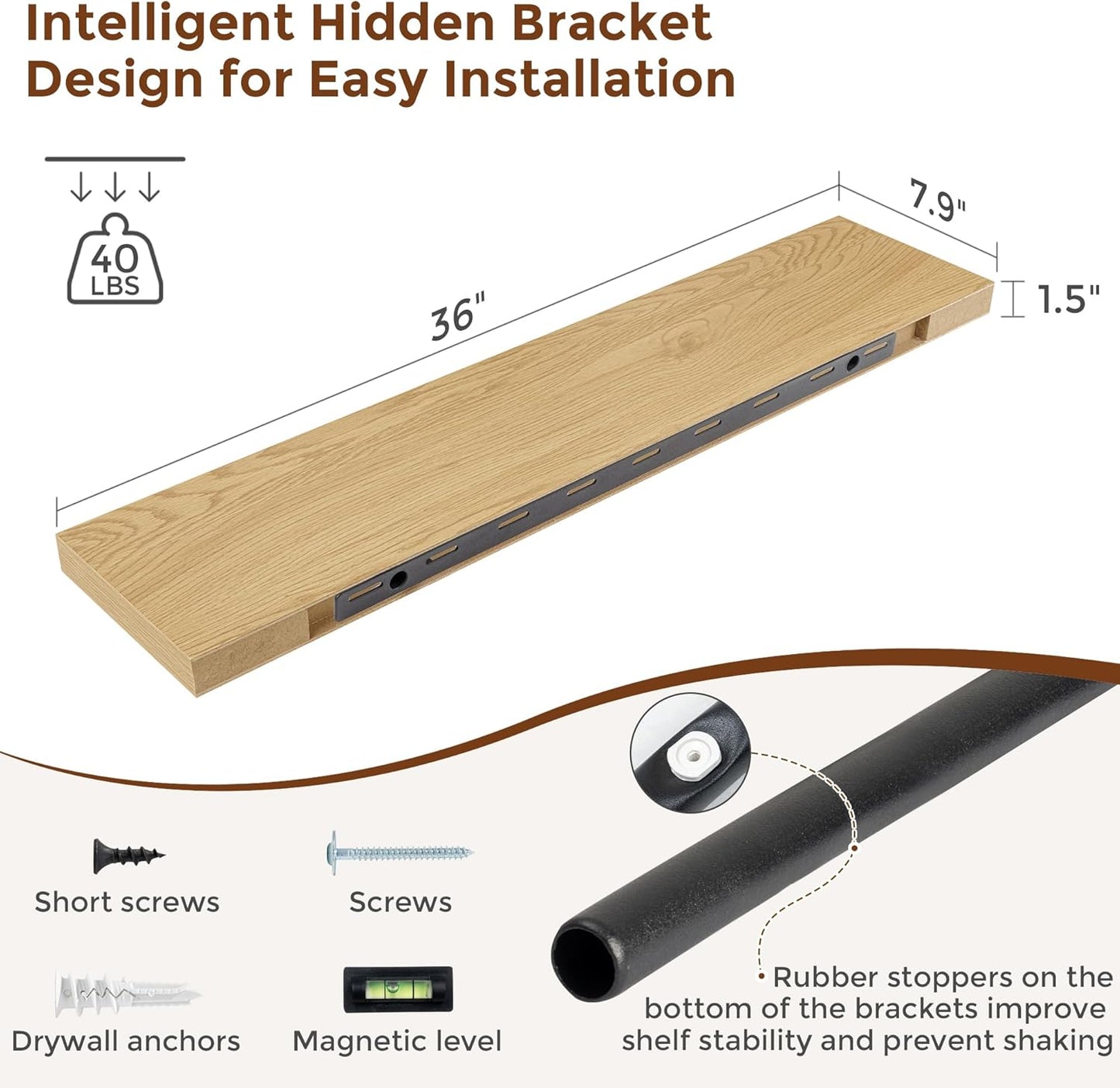 Heimlove 36 Inch Floating Shelves for Wall 8 Inch Deep Oak Shelves Set of 2,Wall Mounted Rustic Wood Long Floating Shelf with Invisible Brackets for Bedroom Kitchen Living Room