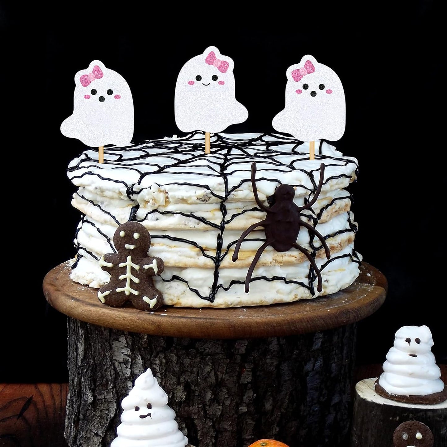 Whaline 48Pcs Halloween Cupcake Toppers Pink Bow Ghost Cupcake Picks Cute Ghost Cake Decorations for Halloween Birthday Party Supplies