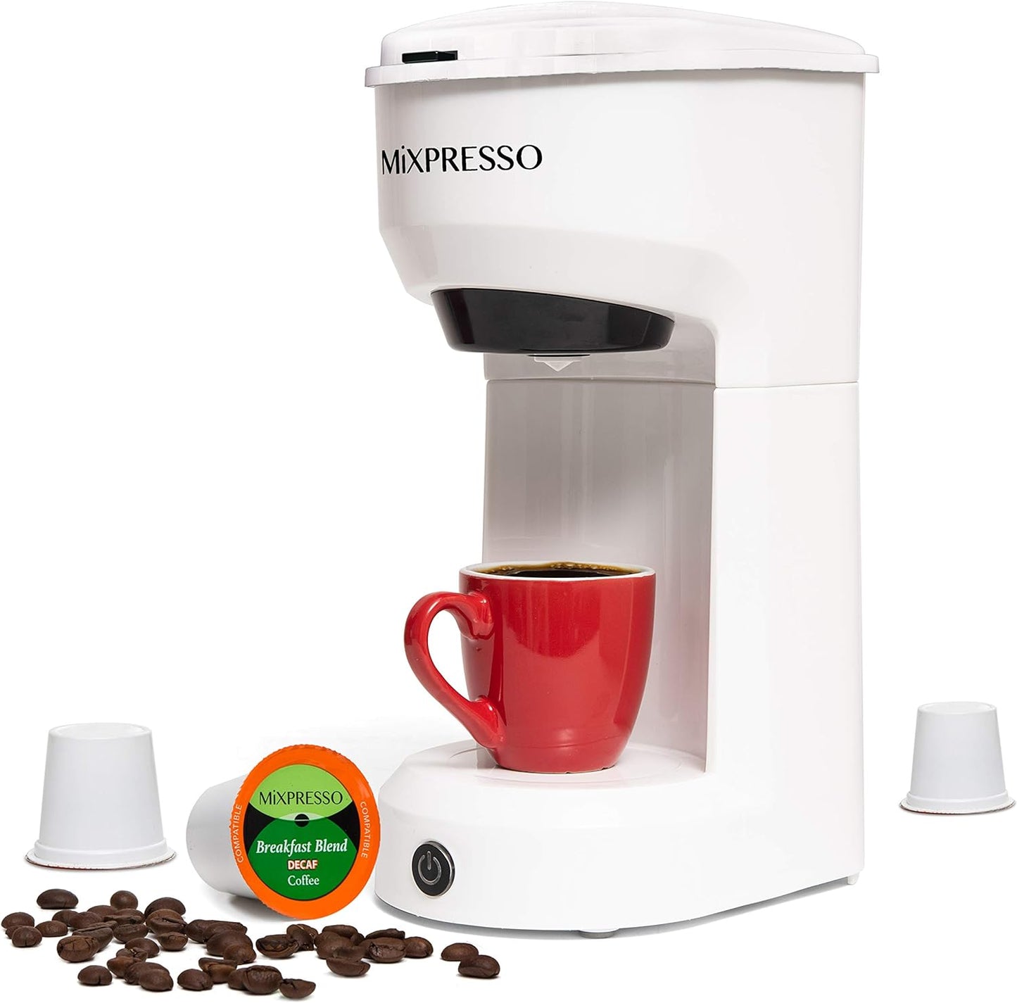 Mixpresso 2 in 1 Brewer Single Serve Coffee Maker for K Capsule and Ground Coffee, Single Cup Coffee Machine, Compact Size Mini Coffee Maker Quick Brew Technology 14oz White One Cup Coffee Brewer