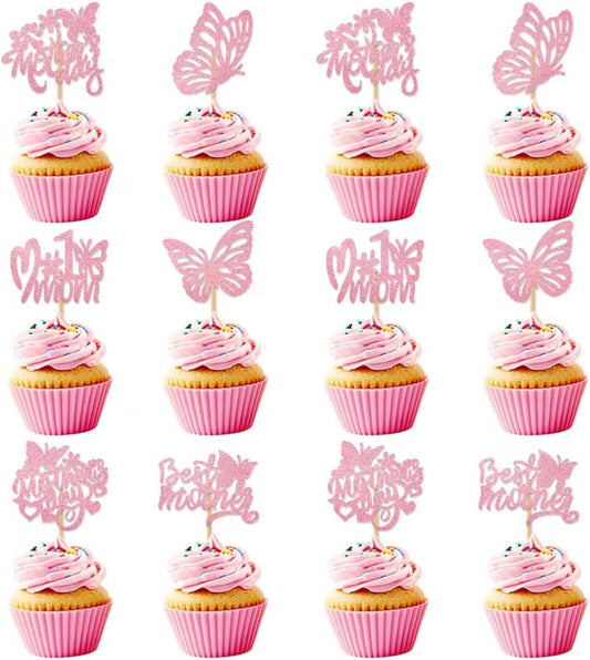 12Pcs Birthday Cupcake Toppers,Pink Glitter Cake Toppers Butterfly Cupcake Picks for Coquette Theme Party Decoration Engagement Wedding Baby Shower Party Cupcake Decor