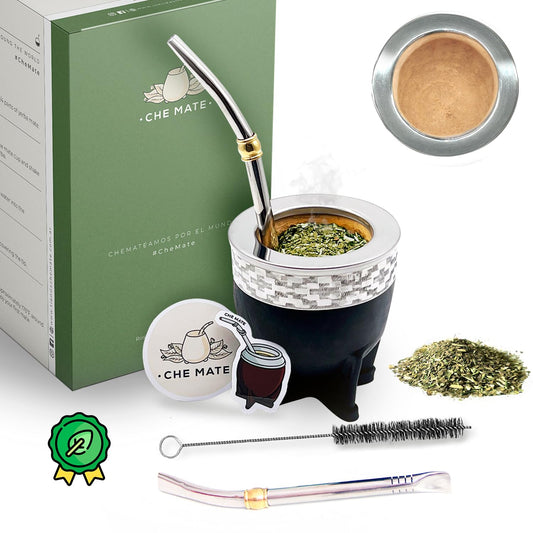 Premium Argentina-Uruguay Yerba Mate Cup and Bombilla Set, Organic Gourd Tea Mug with Steel Straw (Bombilla) and Cleaning Brush, Handcrafted for Loose Leaf Yerba Mate Tea - Imperial Version