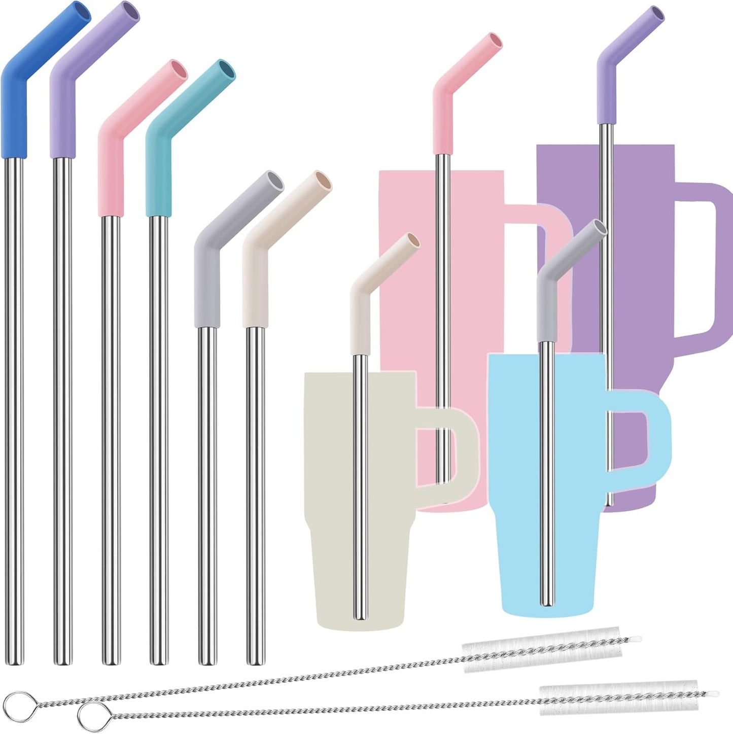 Tomorotec 6-Pack Stainless Steel Reusable Straw with Silicone Tip 3 Sizes, Metal Drinking Straws Fit for Stanley Quencher Tumblers 40oz, 30oz, 20oz, 14oz, Cleaning Brushes Included (Morandi)