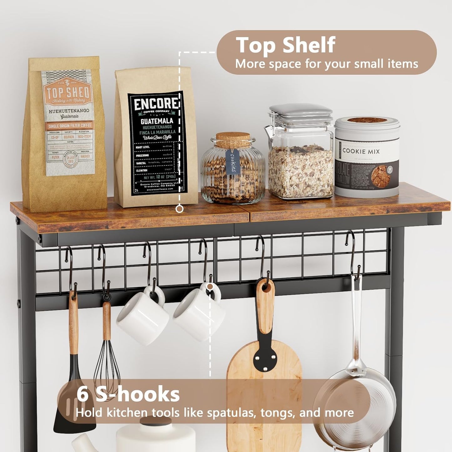 Furologee Kitchen Bakers Rack with Hutch, Coffee Bar Station 4 Tiers, Microwave Oven Stand with 6 S Hooks and Pegboard, Kitchen Microwave Rack for Spice Organizer Workstation, Rustic Brown