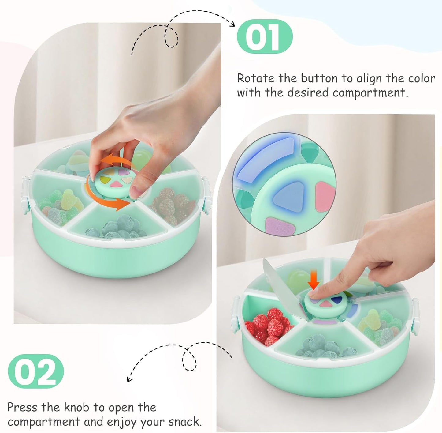 Kids Reusable Rotating Snack Container with 5 Separate Compartments, Color Matching Opening Lid,BPA/PVC-Free, Dishwasher Safe, Perfect for Travel, School Lunches & On-the-Go Snacking-Green