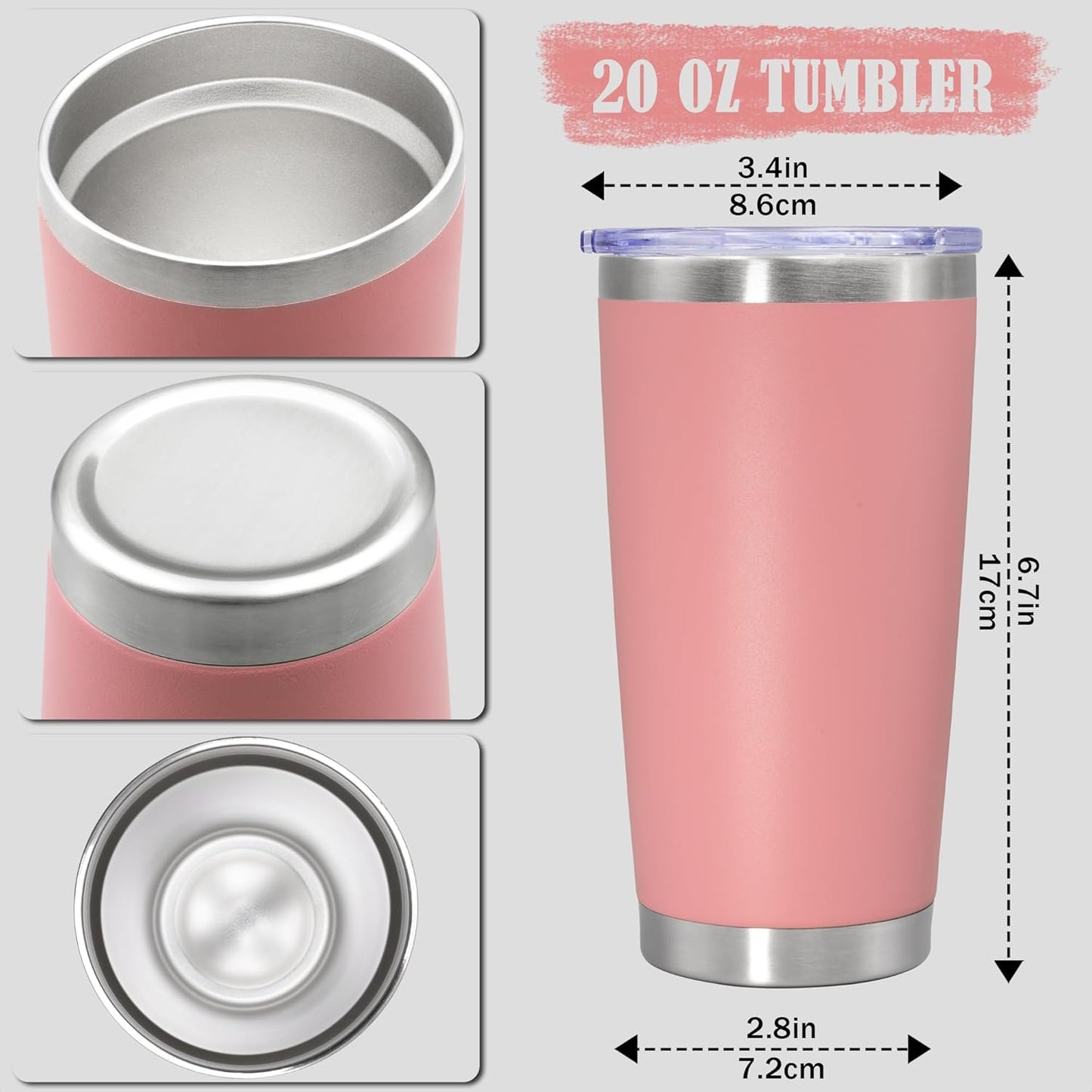 20 oz Tumbler Coffee Tavel Tumblers Bulk with Lid Stainless Steel Double Wall Vacuum Insulated Mug Powder Coated Cups fit Car Cupholder for Hot and Cold - Pink, 1Pack