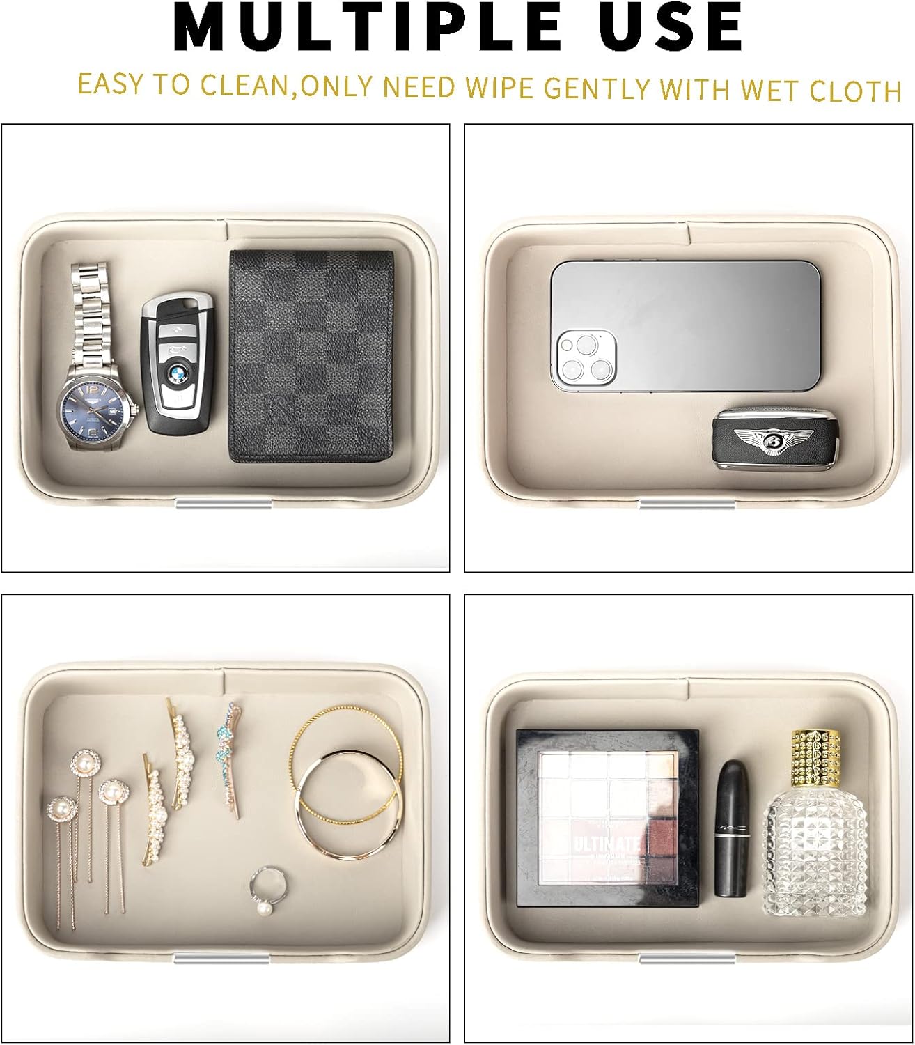 SANZIE Luxury Leather Tray Desktop Storage Catchall Organizer Decorative Tray for Entryway Table to Hold Jewelry Watch Keys Phone Wallet (Metal Silvered, Grey)