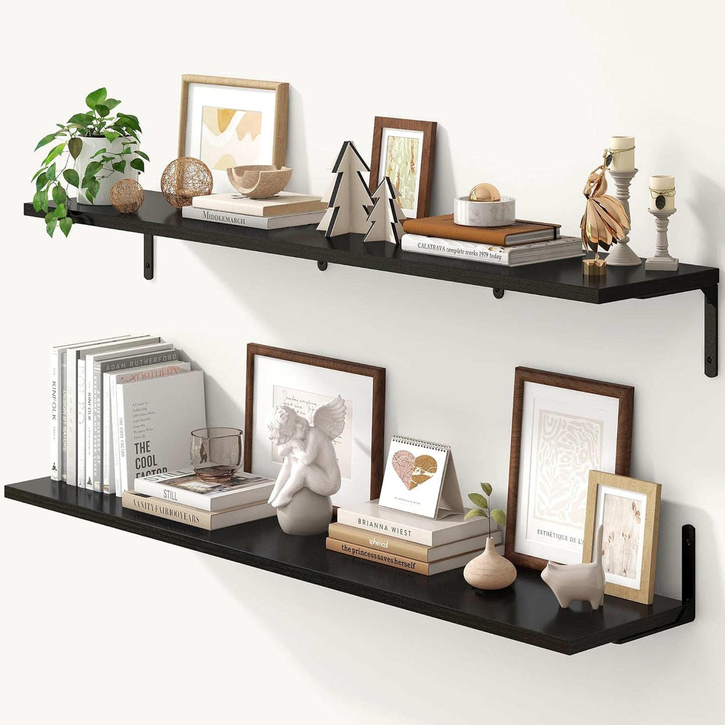 Fun Memories Deep Floating Shelves, 48W x 8D Floating Shelves Set of 2, Wall Mounted Shelf with Metal Brackets, Rustic Wood Wall Shelf for Bathroom, Kitchen and Living Room, Black