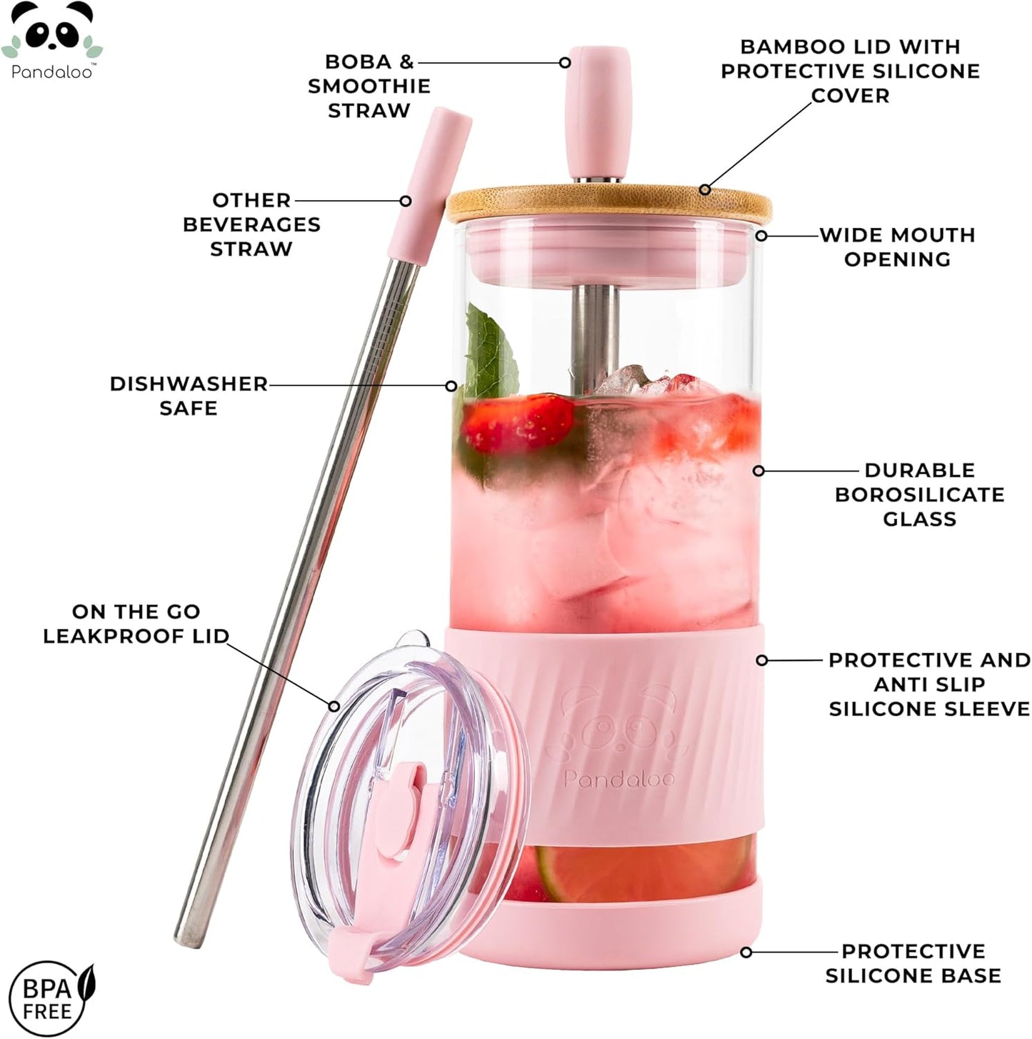 Pandaloo® Glass Cups With Lids and Straws -20 Fl Oz- Perfect Size Iced Coffee Cup - Smoothie Cup With Bamboo Lid and On the go Lid - Glass Tumbler (2 Count (Pack of 1), Black Saphir-Tender Pink)