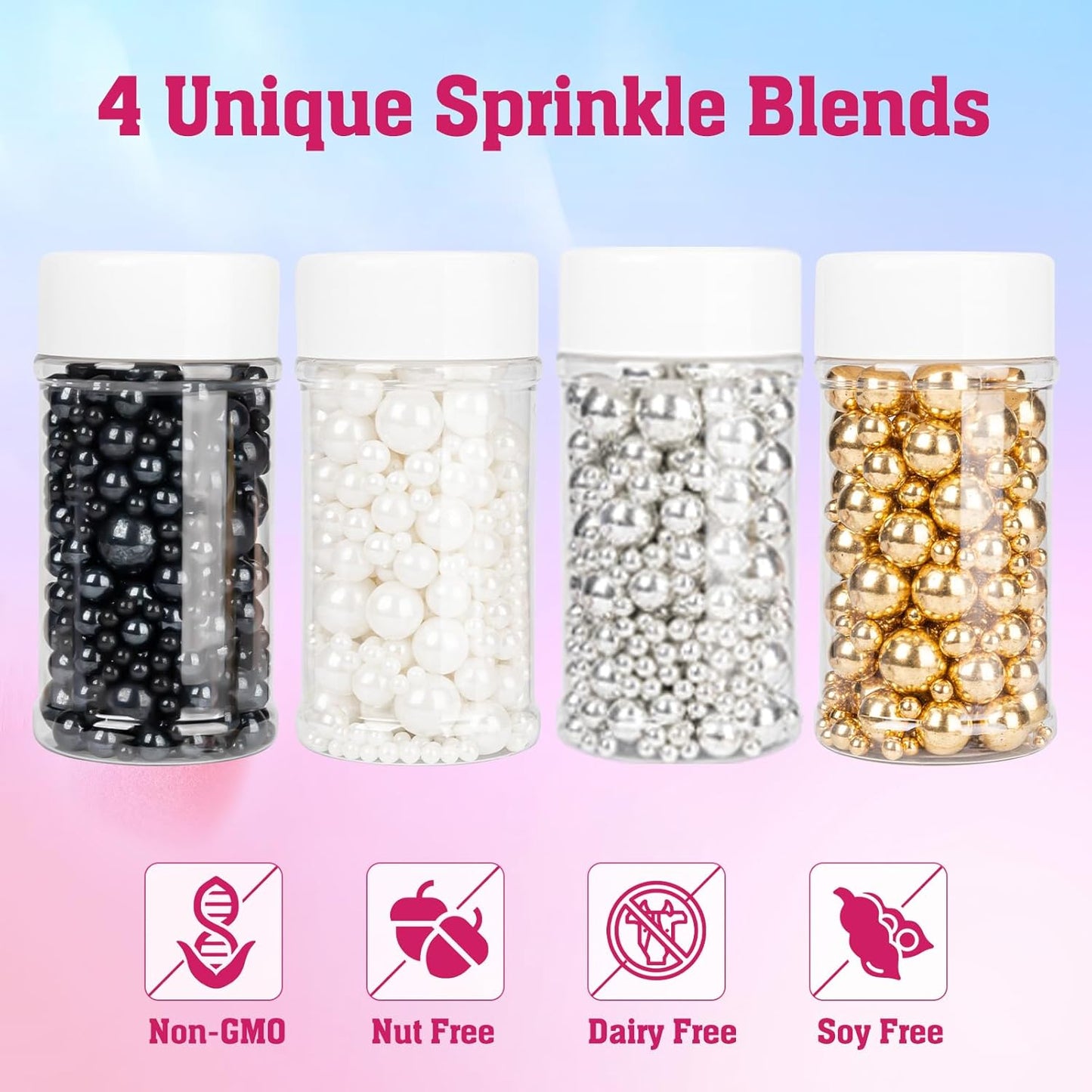 Twisweet Edible Pearl Sprinkles for Cake Decorating 12oz, Gold Silver White and Black Pearls Mix Sugar Sprinkles for Baking, Cake Topper Ice Cream Cupcake Cookie Dessert Decorations Birthday Wedding Valentines Christmas Supplies