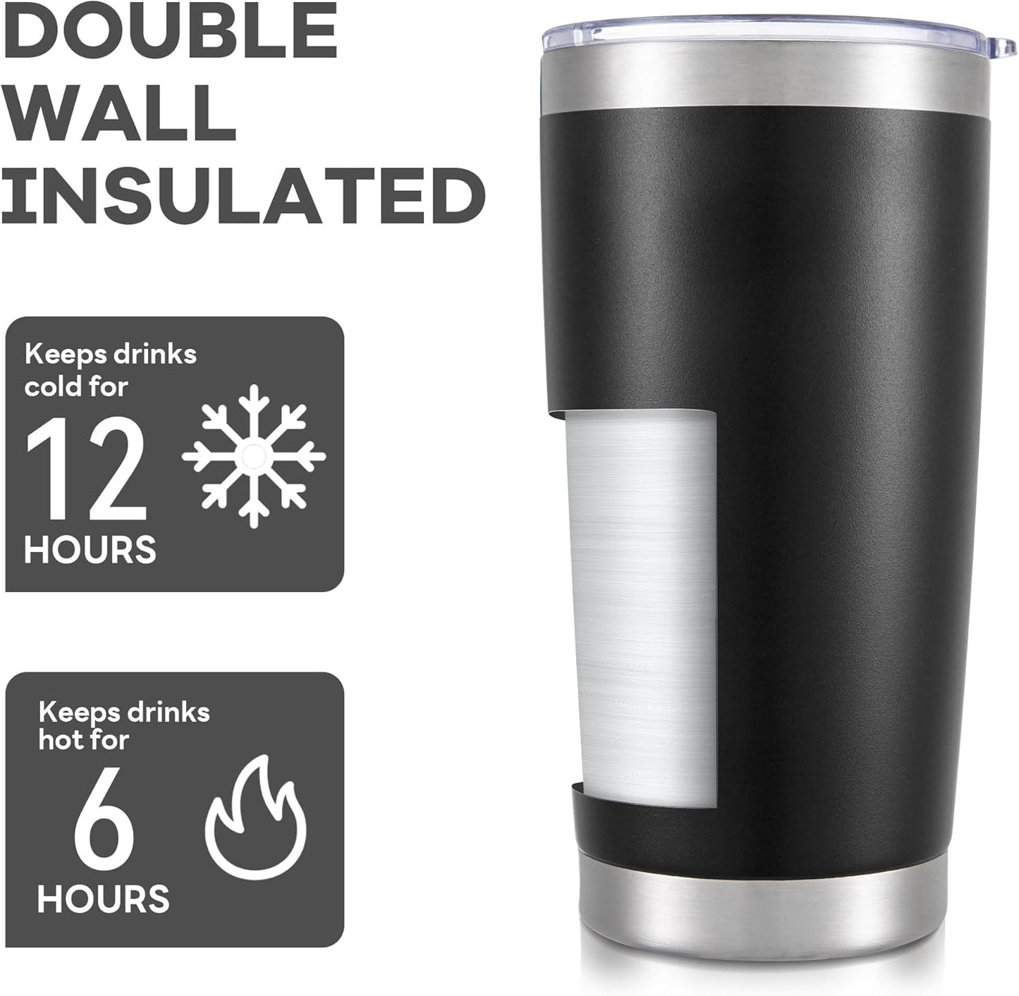 20 oz Tumbler with Lid Stainless Steel Insulated Tumblers Bulk Double Wall Vacuum Cups Powder Coated Travel Mug Keep Drinks Cold and Hot, Black, 12 Pack