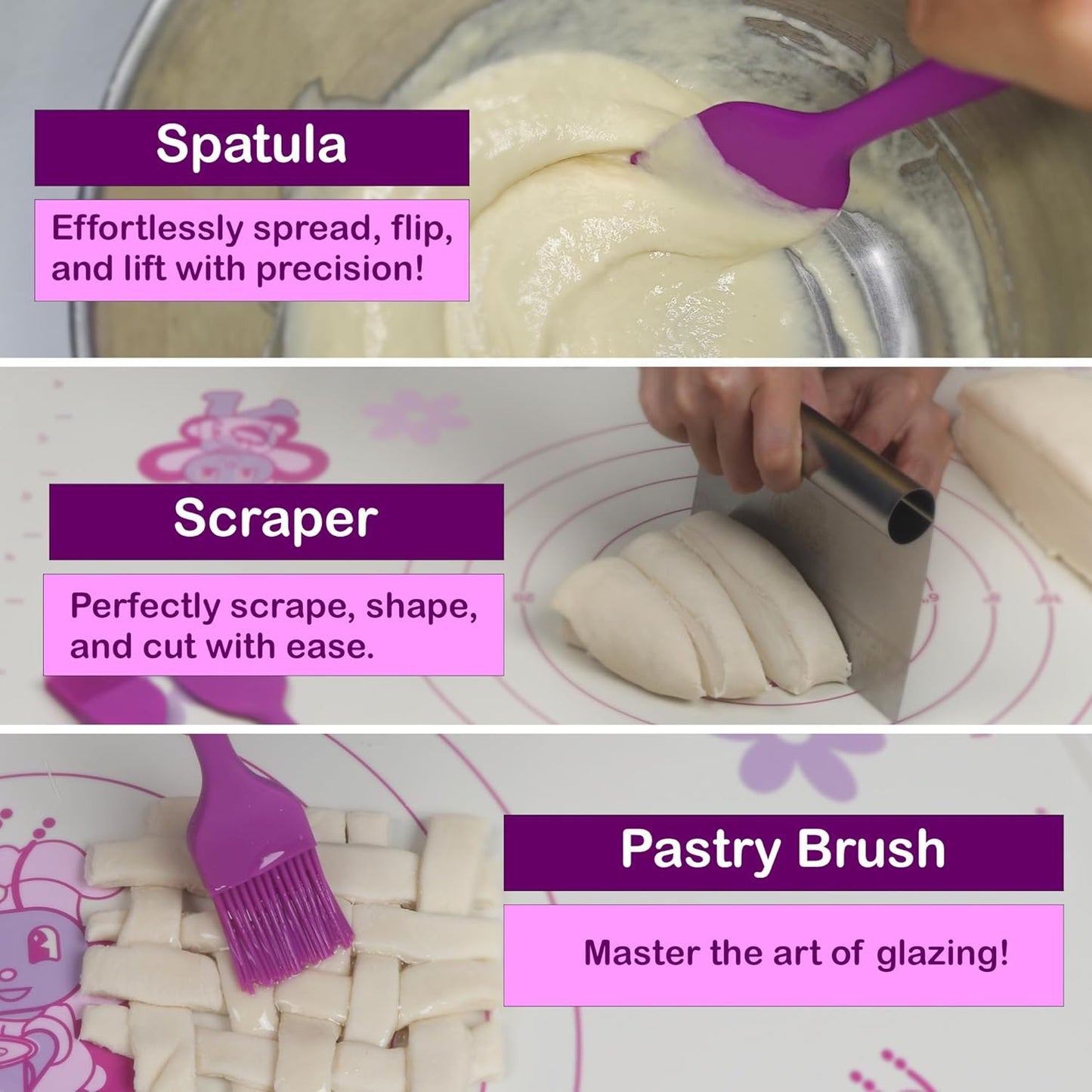 Silicone Baking Mat Set | Non-Stick Dough Rolling Pastry with Rolling Pin for Cookie Pie Crust Pizza Bread | Extra Large Dough Mat | Silicone Pastry Mat Kit Extra Thick with accessories