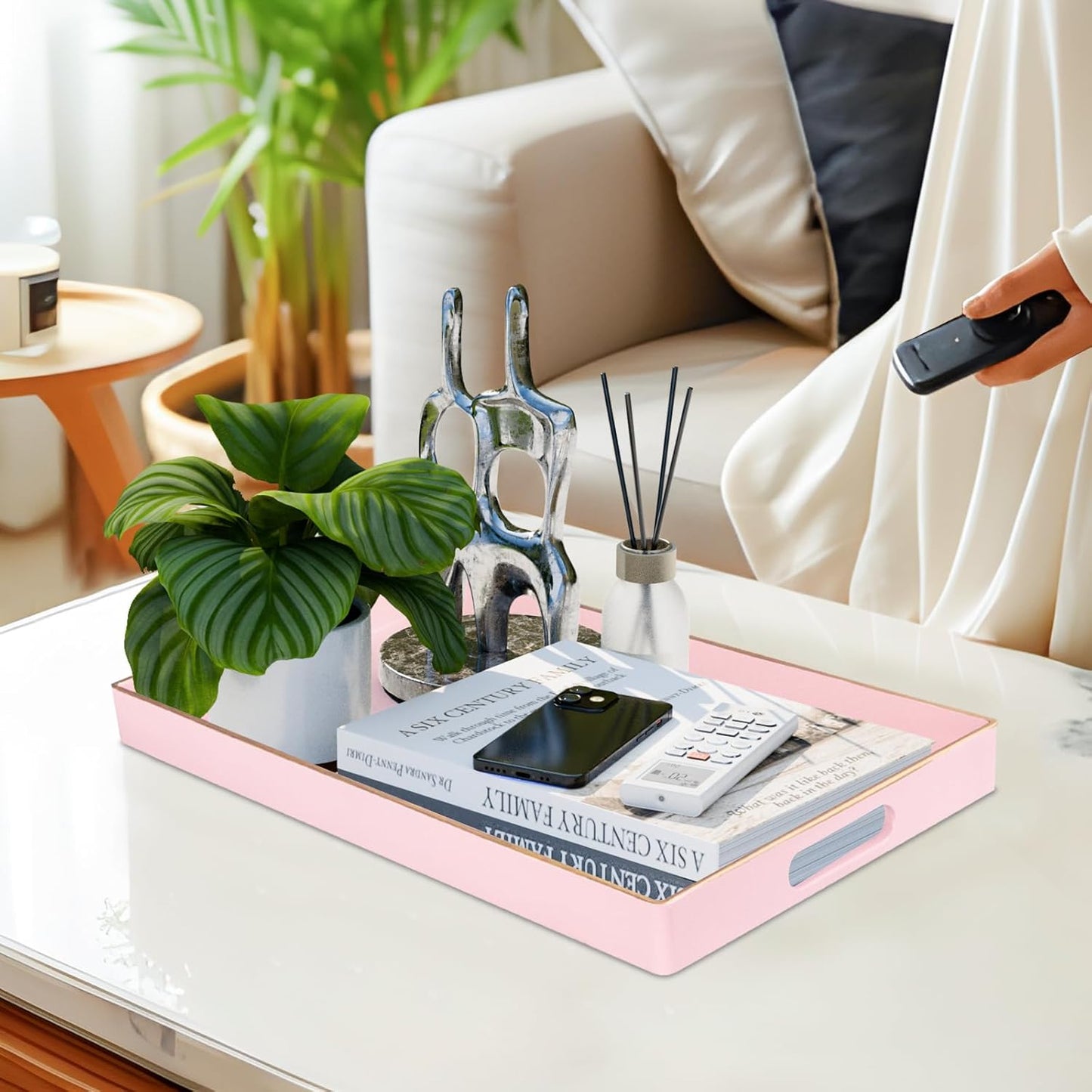 MAONAME Pink Serving Tray with Handles, Modern Decorative Tray for Coffee Table, Plastic Rectangular Tray for Ottoman, Bathroom, Decor, 15.8” x 10.2” x1.4