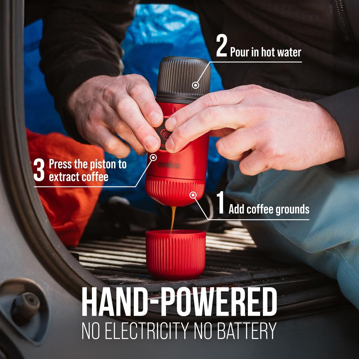 WACACO Nanopresso Portable Espresso Maker, Upgrade Version of Minipresso, 18 Bar Pressure, Mini Travel Coffee Machine, Manually Operated, Perfect for Camping and Hiking, Red