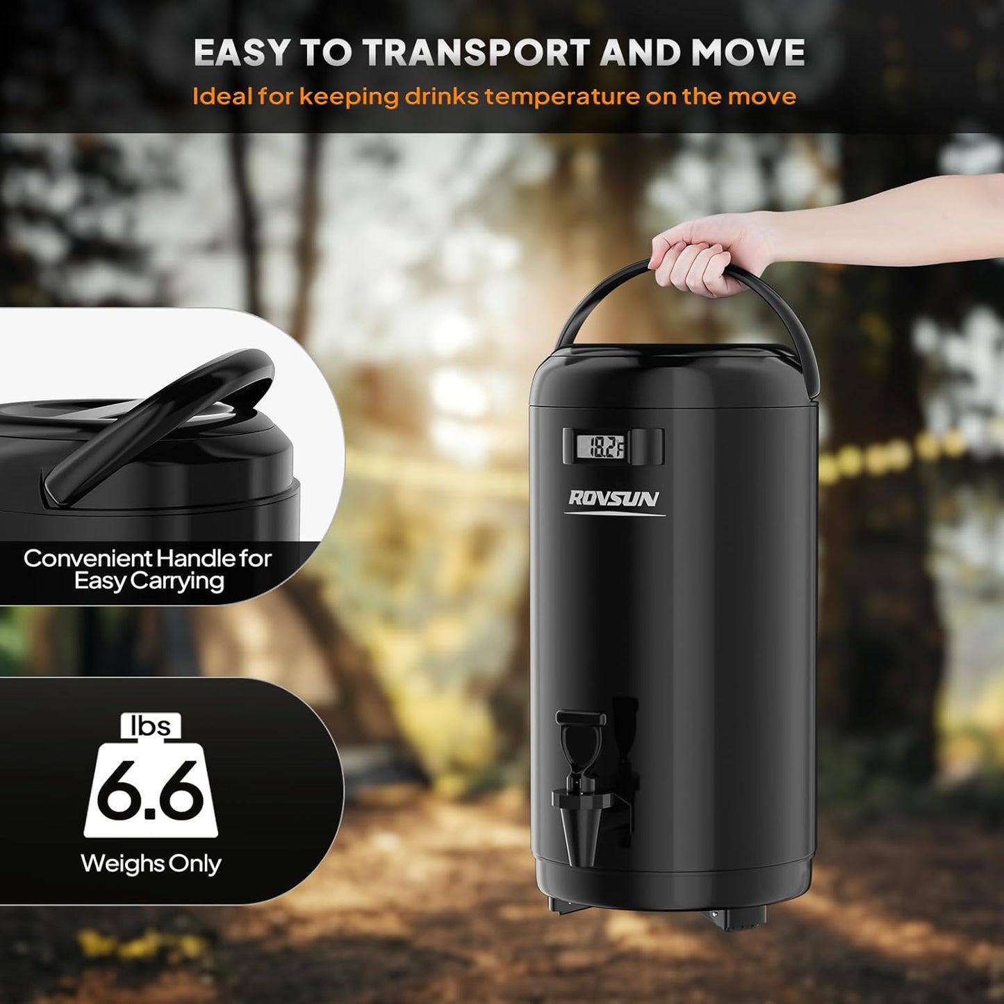 ROVSUN 3.2 Gallon Insulated Beverage Dispenser, Stainless Steel Hot and Cold Drink Dispenser, Ice and Hot Drink Server w/Spigot, Hot and Cold Beverage Server for Coffee, Tea, Milk & Juice