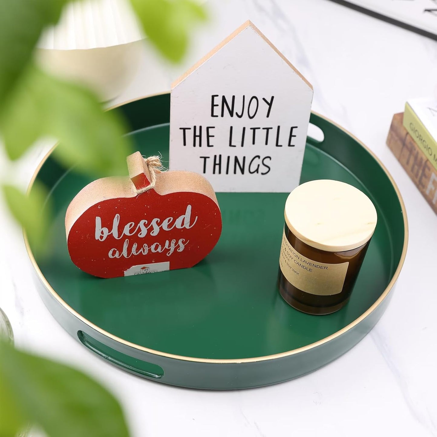 Green Round Decorative Tray with Handles, 13" Versatile Serving Tray for Coffee Table, Ottoman, Ideal for Serving, Displaying, Organizing