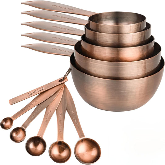 Copper Plated Measuring Cups and Spoons Set, 5 Stainless Steel Measuring Cups & 5 Metal Measuring Spoons Set with Leveler, US & Metric Kitchen Measure Cups & Spoons Set for Baking & Cooking