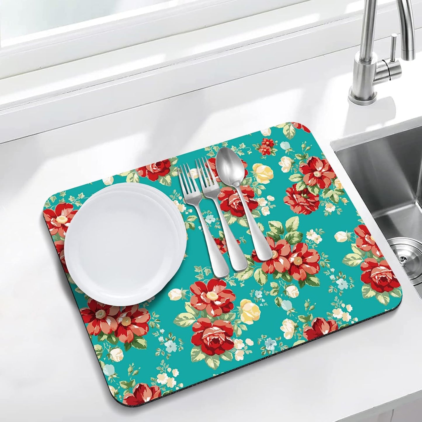 Rubber Dish Drying Mat for Kitchen Counter Large Boho Flowers Washable Quick Home Coffee Pad Fit Under Sink,Bar,Utensils 18x24in