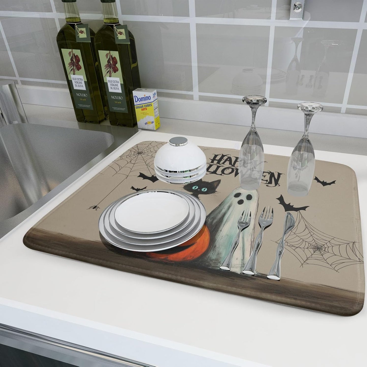 Happy Halloween Black Cat Ghost Dish Drying Mat for Kitchen Counter,Halloween Pumpkin Spiderweb Bat Drying Mat 18 x 24 Inch with High Absorbent Microfiber Drainer Mat for Coffee Bar