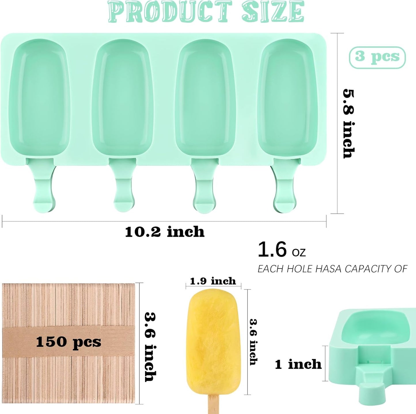 Sakolla Large Popsicle Silicone Molds Set, 3 Pcs 4 Cavities Oval Homemade Ice Cream Molds with 150 Wooden Sticks for Ice Pop, Cakesicles, Cake Pop (Green)