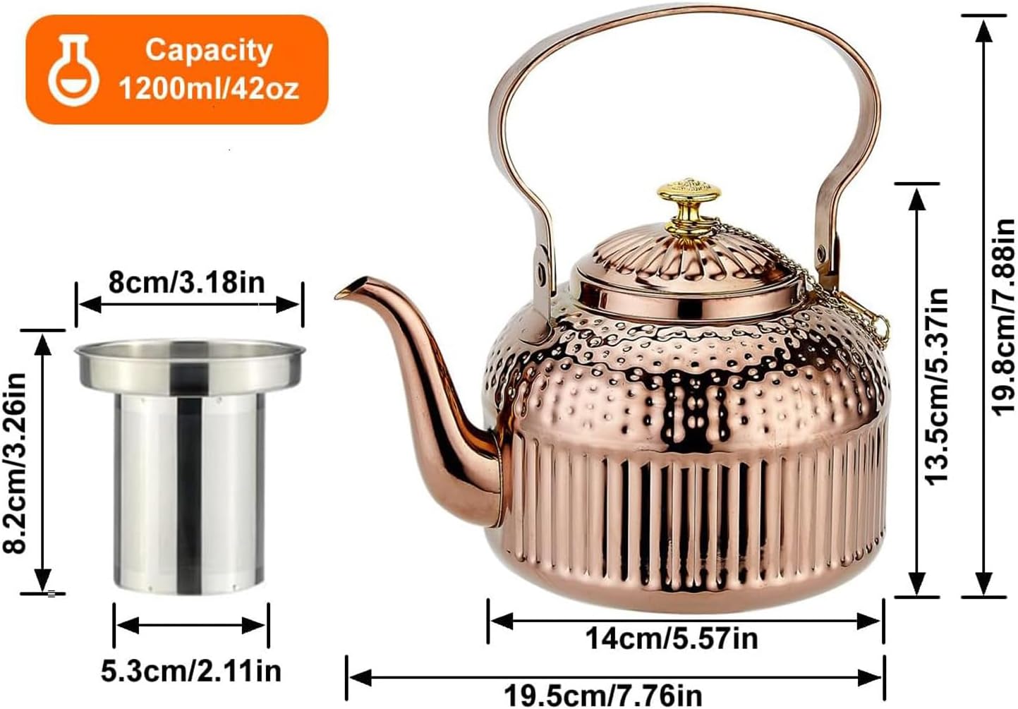 SANQIAHOME Antique 1.2L (40Oz) Stainless Steel Teapot with Infuser copper