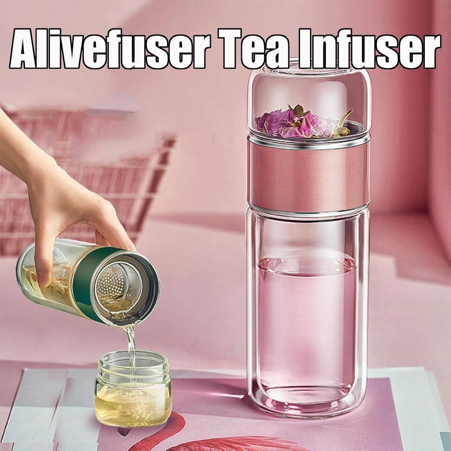 Tryteava Glass Infuser, Tryteava 3-in-1 Smart Tea Infuser, Portable Glass Double Wall Tea Infusers Bottle, with Stainless Steel Filter, Hot & Cold Brew, For Loose Leaf, Office Home (Green, 280ml)