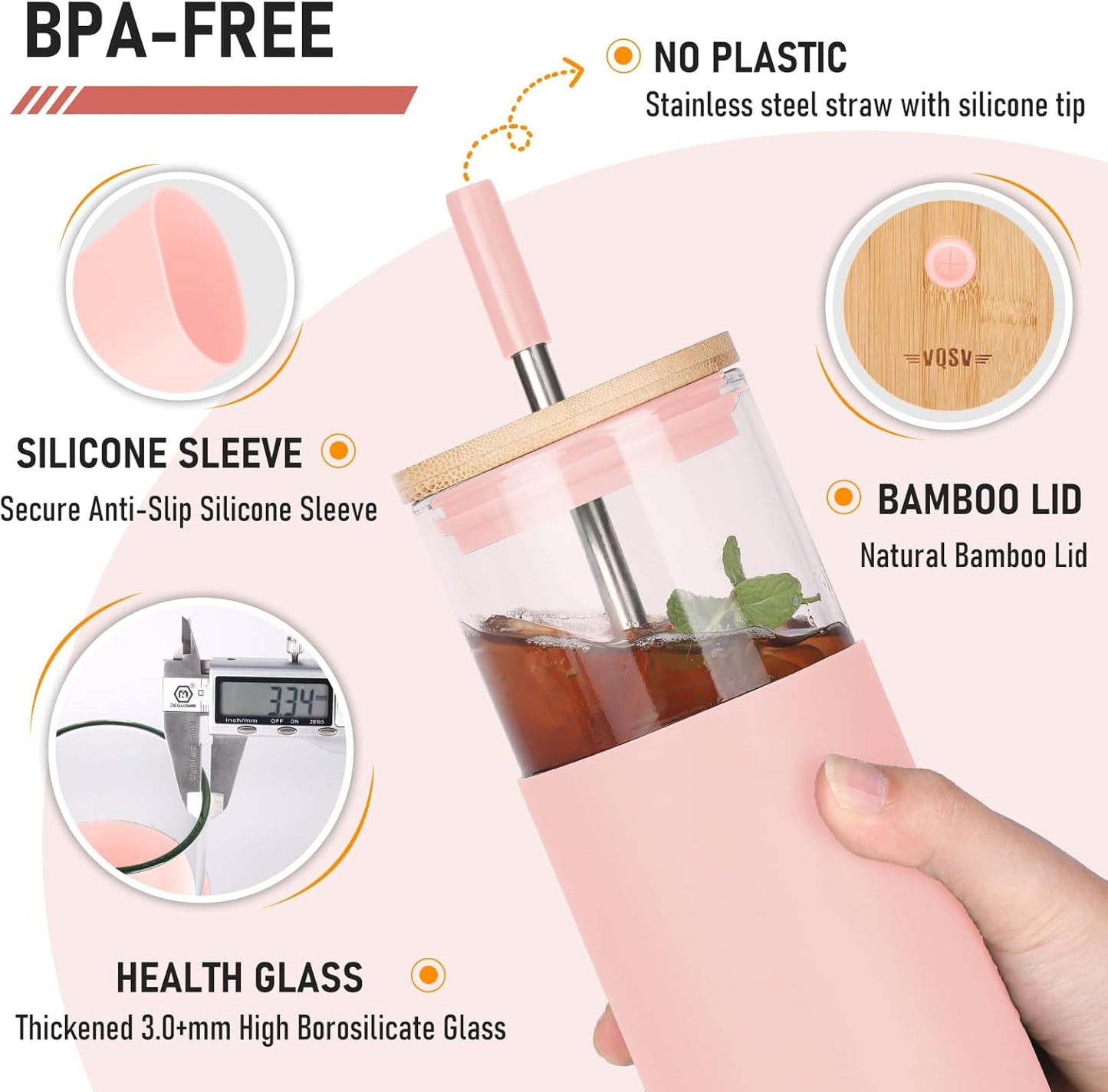 Glass Tumbler w/Lids & Straw: 24 oz Reusable Glass Cup w/Bamboo Lid, Stainless Steel Straws, BPA-Free, Leak-Proof, Dishwasher Safe for Coffee/Smoothies/Hot Beverage, Travel/Office/Home Use, 1-Pk