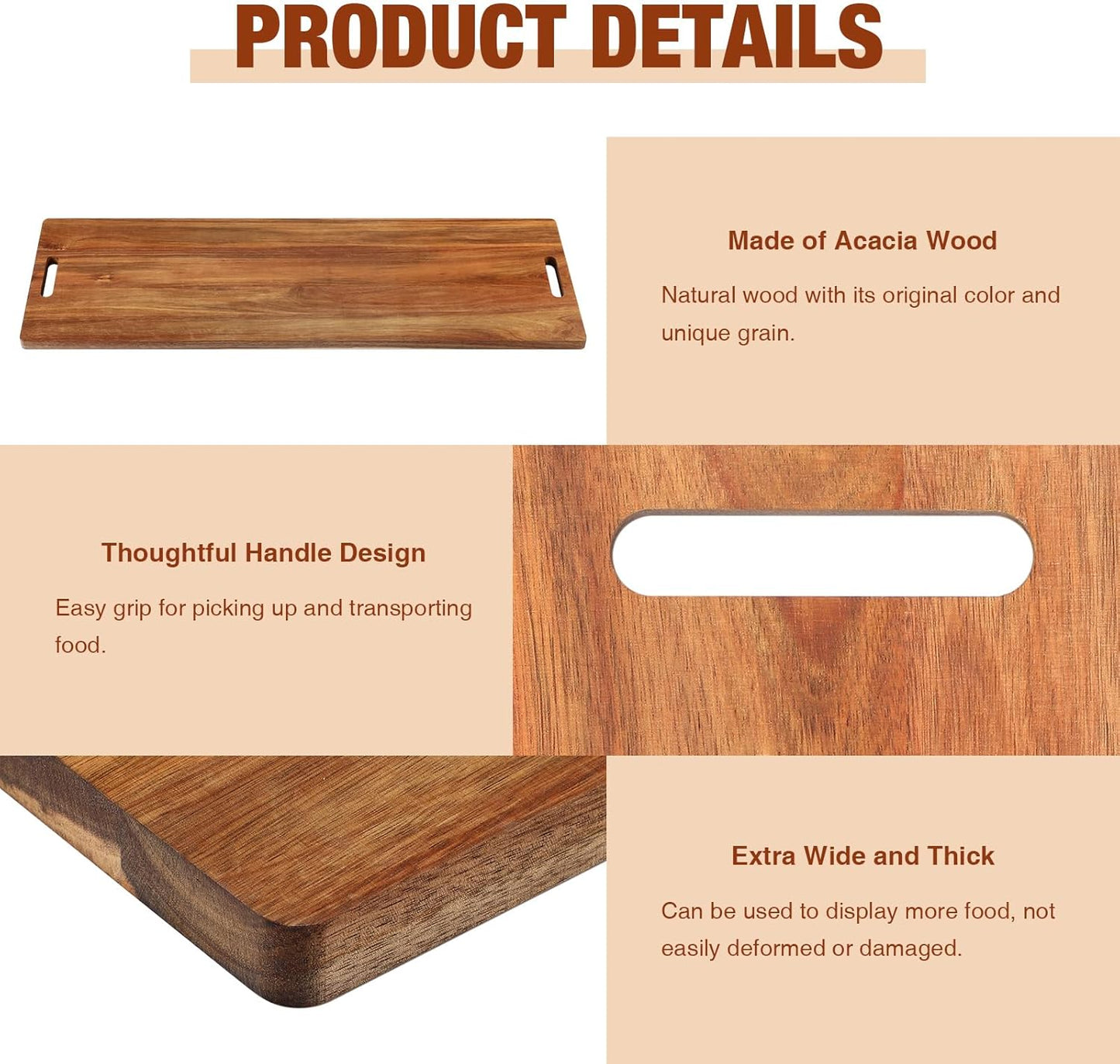 Skylety 4 Pieces 35.4" Acacia Wooden Cheese Serving Board with Handles Large Charcuterie Board Wooden Cutting Board for Appetizers Food, Cheese Board for Bread Meat Display Kitchen Decoration