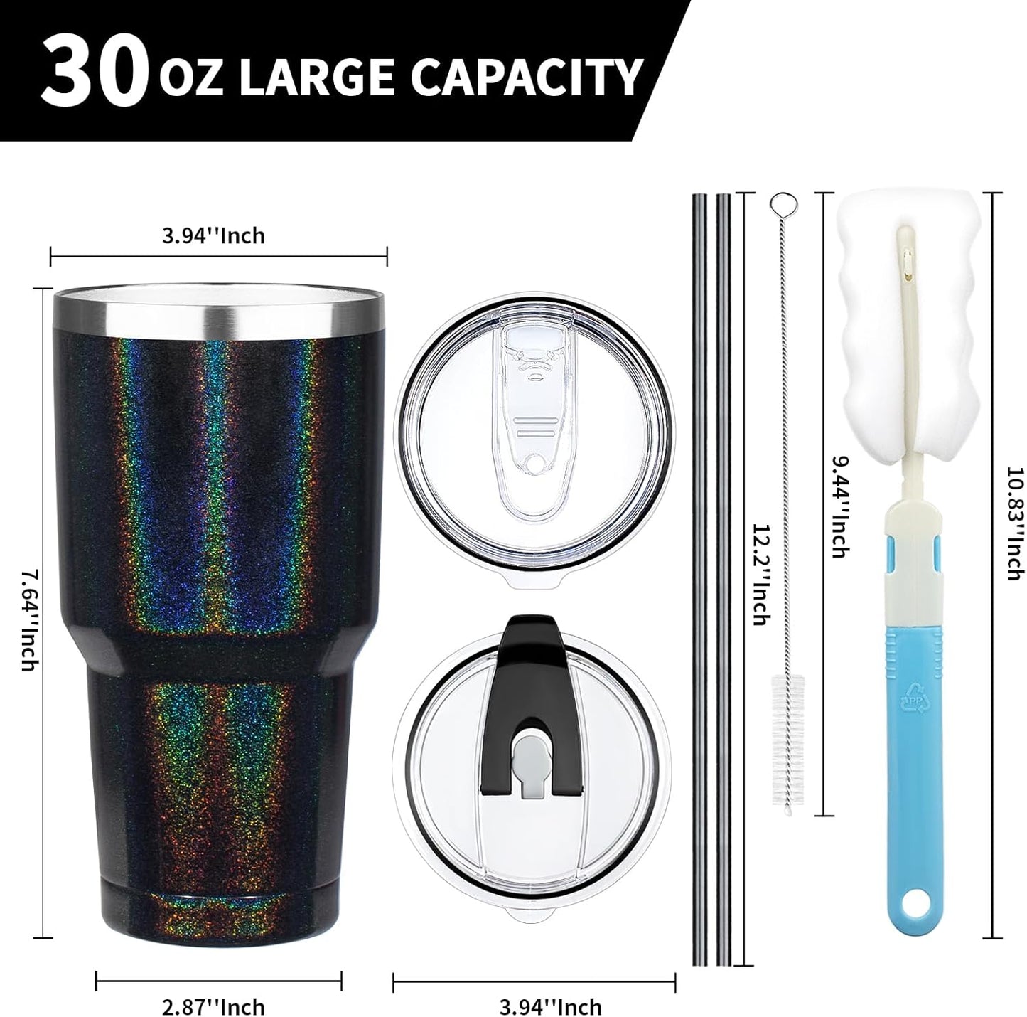 30 oz Tumbler with Lids and Straws, Stainless Steel Insulated Coffee Tumbler, Double Wall Vacuum Insulated Travel Mug Cup, Leakproof Thermal Coffee Cup for Hot and Cold Drinks (Glitter Black)