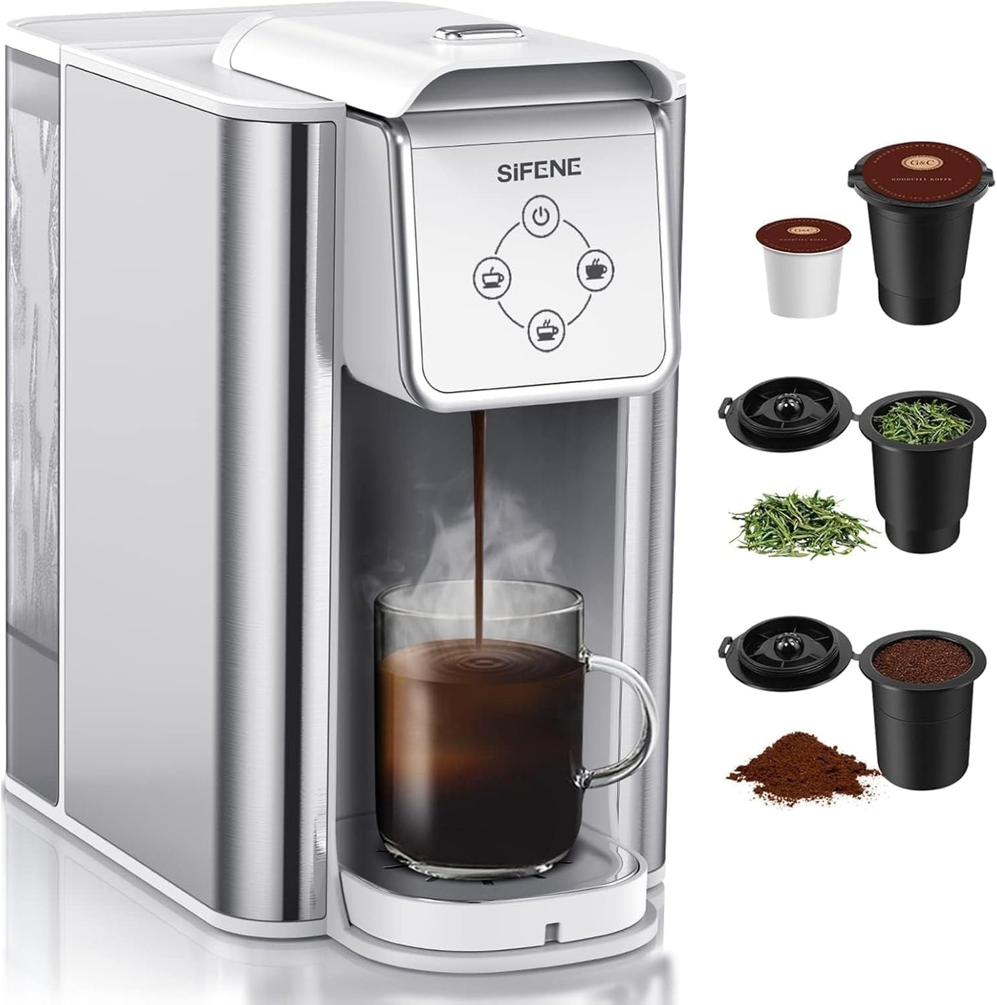 SIFENE single serve brewer 3-in-1 coffee machine for coffee pods ground loose tea 6 to 10oz brew sizes 50oz removable tank 1150w compact efficient white