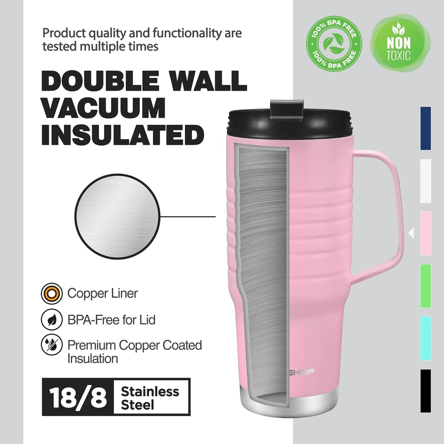HAUSHOF 24 oz Travel Mug with Handle, Stainless Steel Vacuum Insulated Coffee Double Wall Travel Mugs with Leakproof Lid, BPA Free
