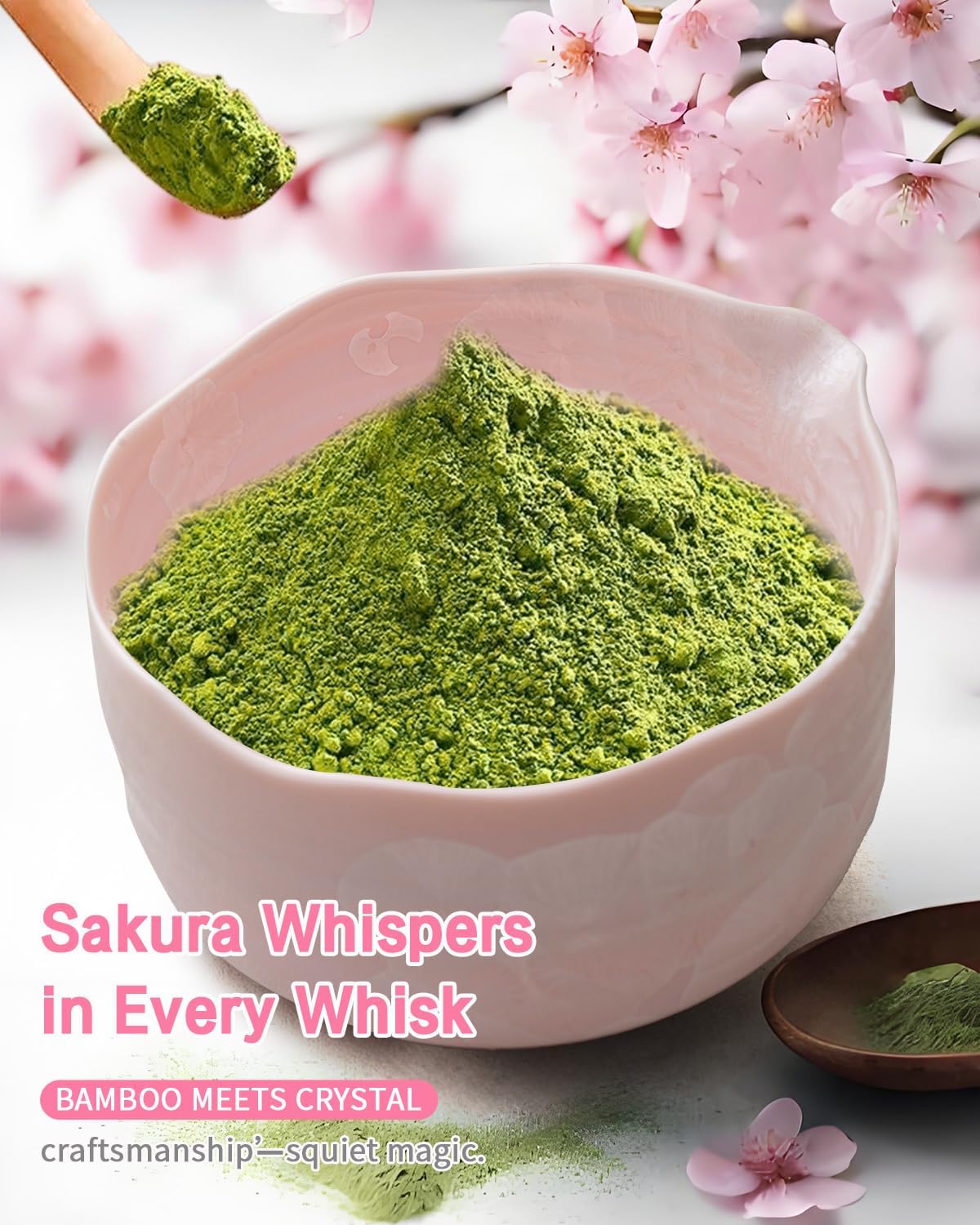 Natural Crystal Flower Matcha Set - 4 Pcs Food Grade Matcha Kit with Spouted Bowl, Matcha Whisk, Scoop and Chasen Holder - Matcha Tea Ceremony Gift for Matcha Lovers (Sakura Whisper)
