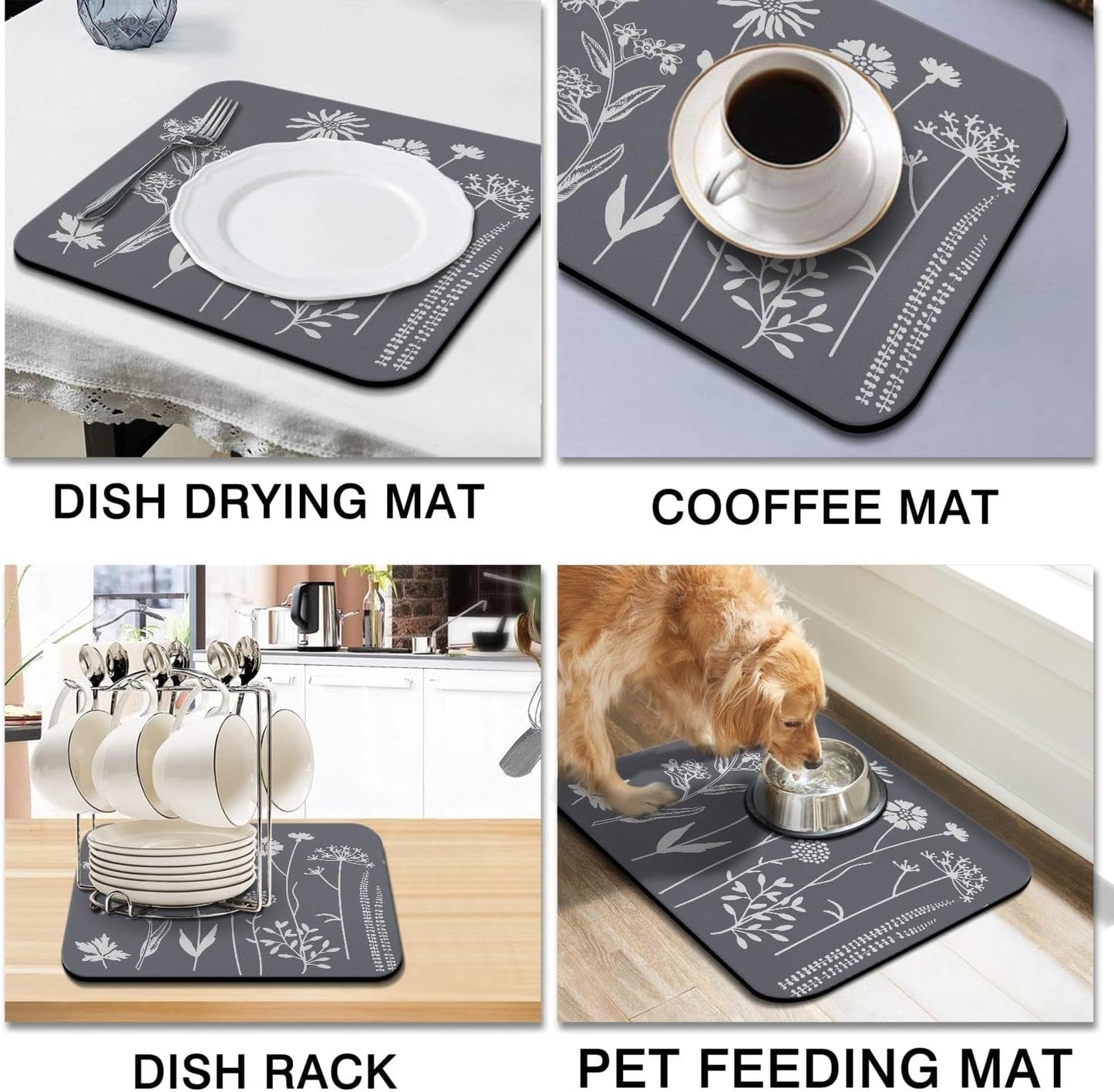 Dish Drying Mat for Kitchen Counter 16x18in Grey Washable Quick Dish Drying Pad Rubber Backed Absorbent Draining Mat