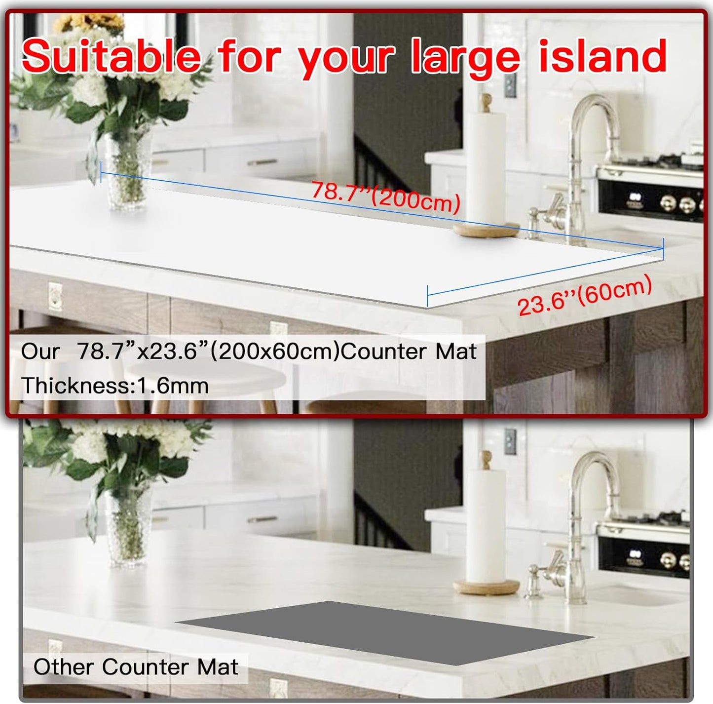 Ultibe Silicone Mats for Kitchen Counter, 78.7''x23.6''(200cmx60cm) Largest Heat Resistant Counter Mat Kitchen Island Waterproof Thicken Non-Slip Countertop Protector Mat, Semitransparent