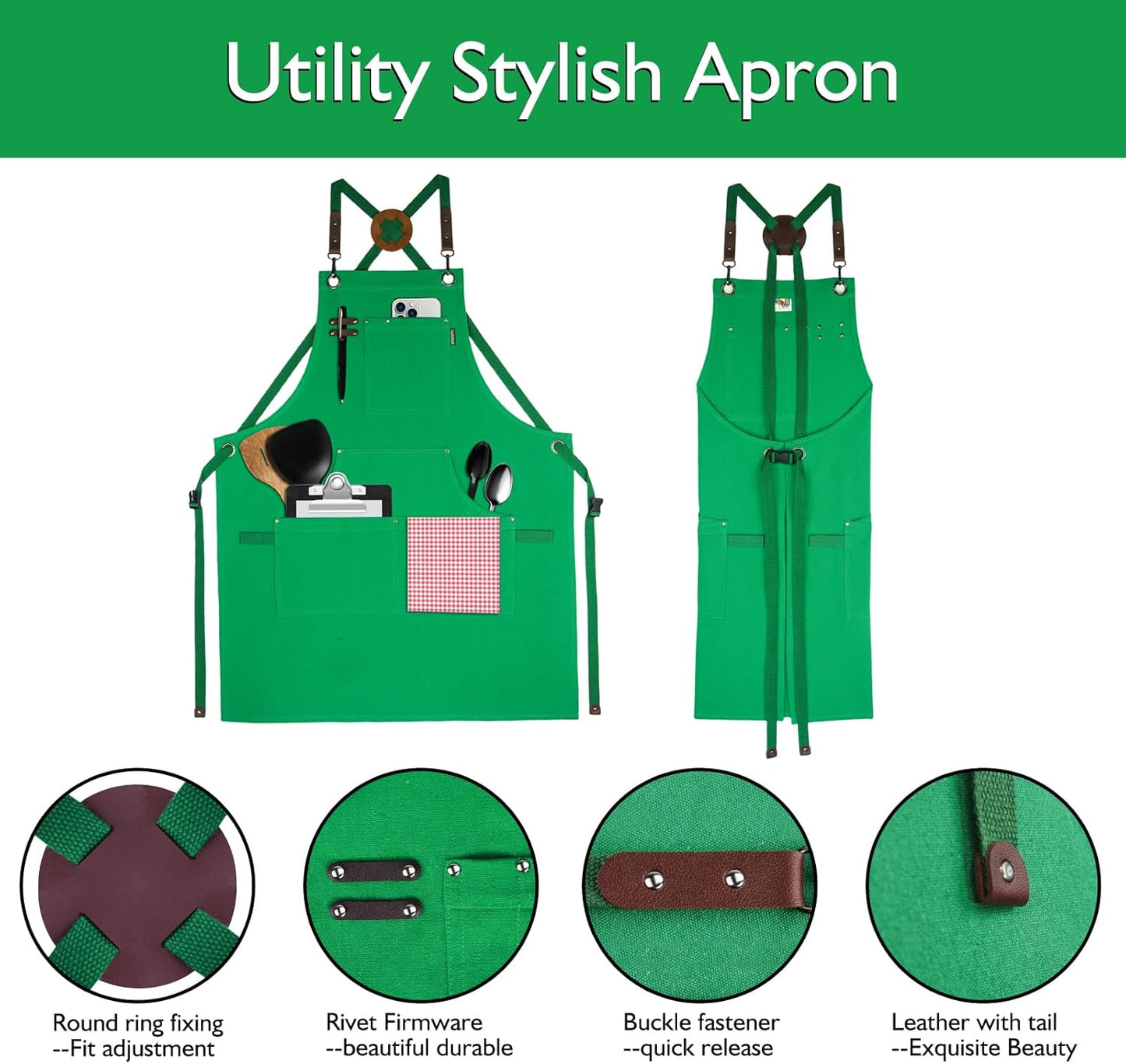 5 Pack Kitchen Apron, Work Apron, Canvas, Multiple Pockets, Gardening, Painting, BBQ, Artist, Carpenter, Sizes M to XXL, Green