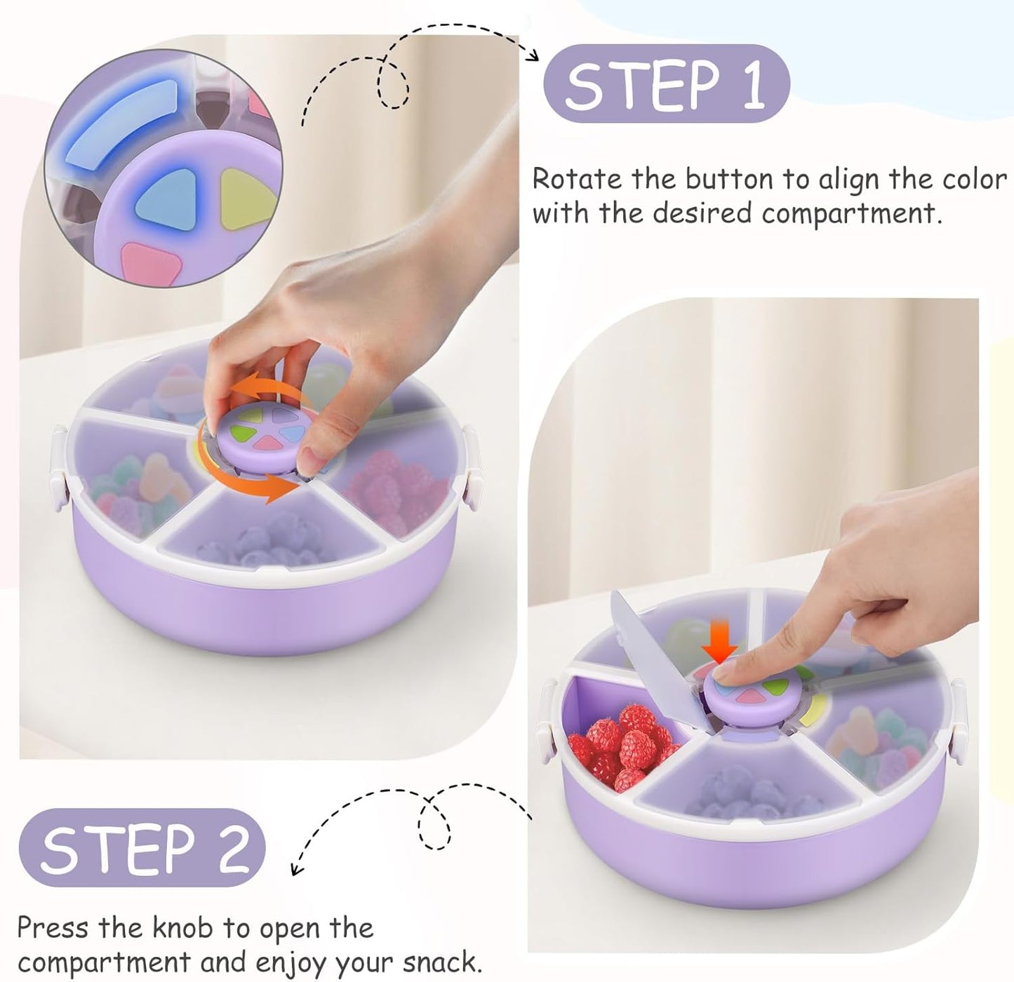 Kids Reusable Rotating Snack Container with 5 Separate Compartments, Color Matching Opening Lid, BPA/PVC-Free, Dishwasher Safe, Perfect for Travel, School Lunches & On-the-Go Snacking-Purple