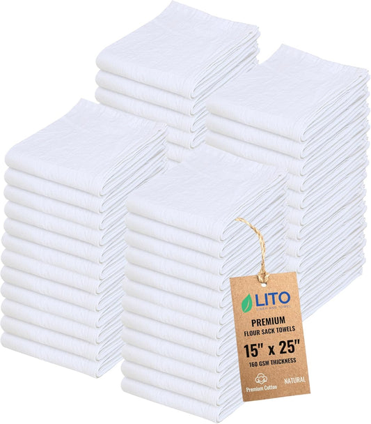 Flour Sack Towels | Tea Towel for Crafts| Kitchen Dish Cotton Blank Towel for Embroidery| Baking Bread Proofing Linen Cover| Thick Absorbent Quick Dry| 50 Pack 15"x 25" Natural